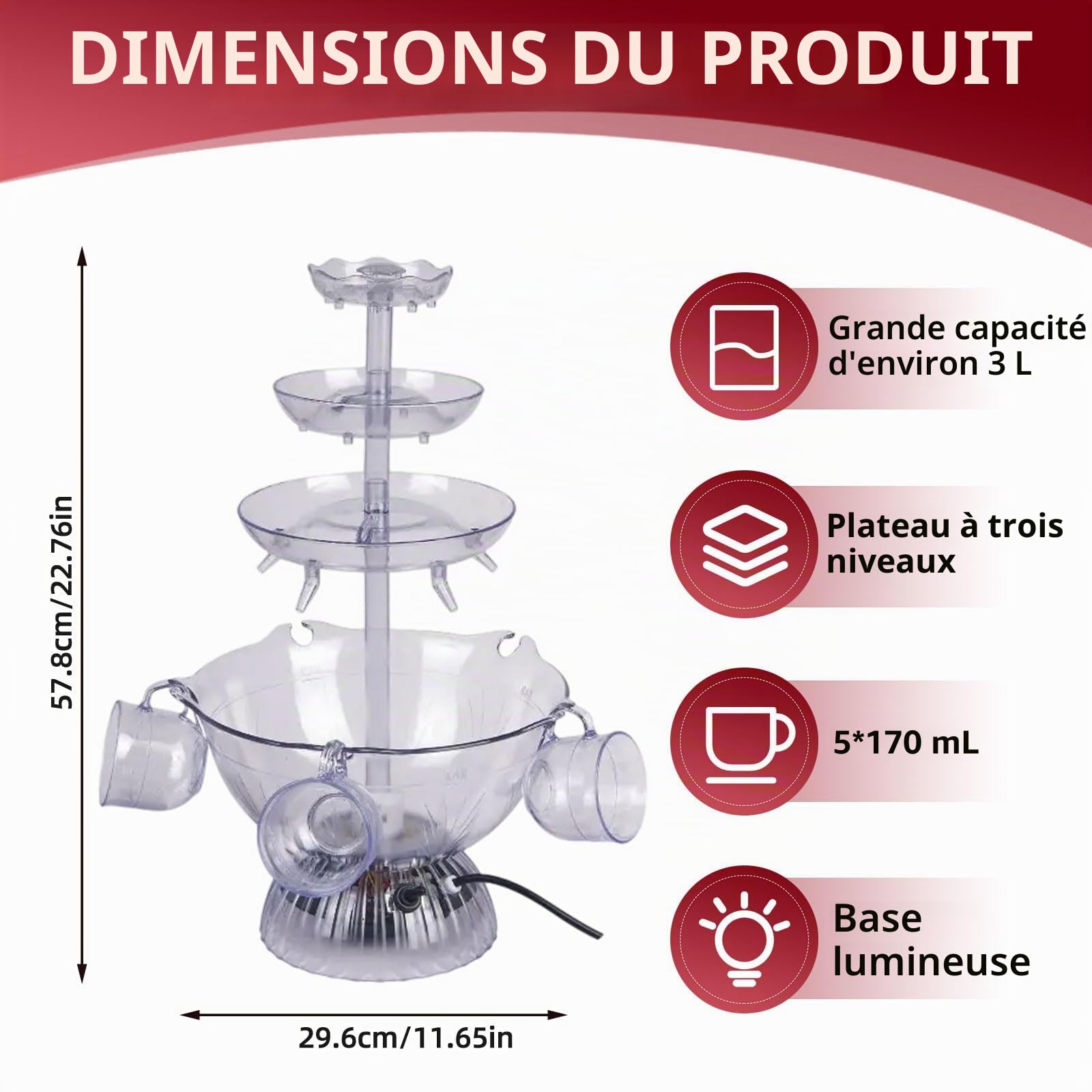 Fontaine de fête transparente à 3 niveaux, 4 l, avec 5 gobelets réutilisables, en acrylique, socle éclairé par LED, pour pubs, fêtes à la maison