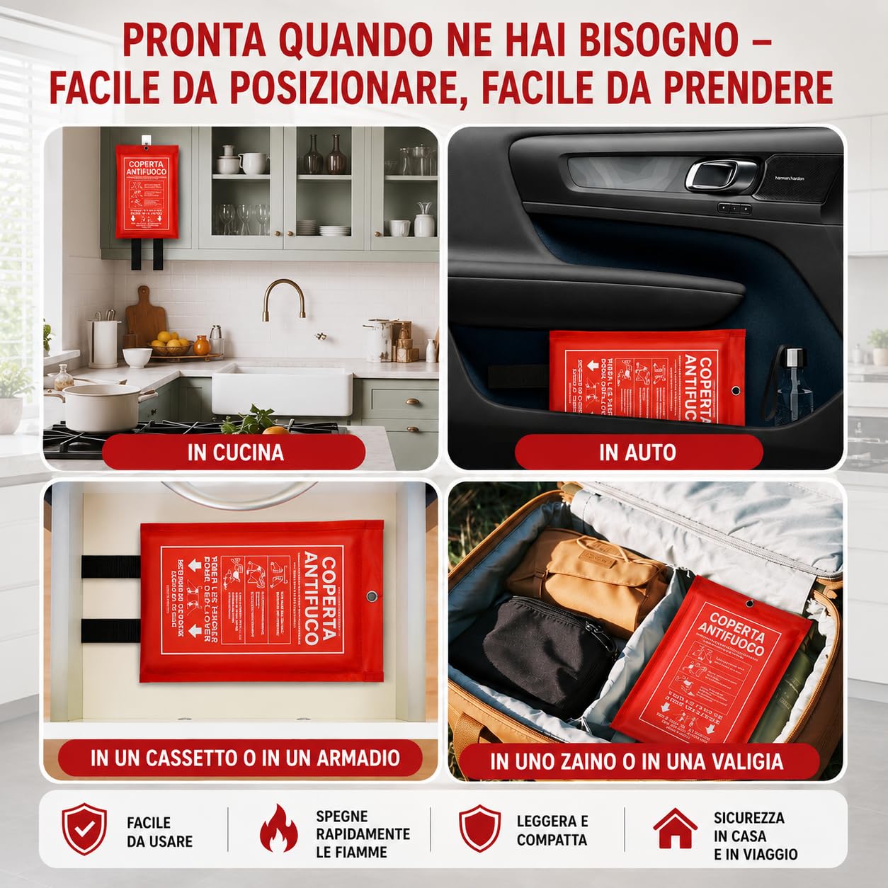 Coperta Antincendio 100 × 100 cm – Coperta Ignifuga in Fibra di Vetro per Casa, Cucina, Auto e Ufficio – Fire Blanket di Emergenza (4 Pezzi)