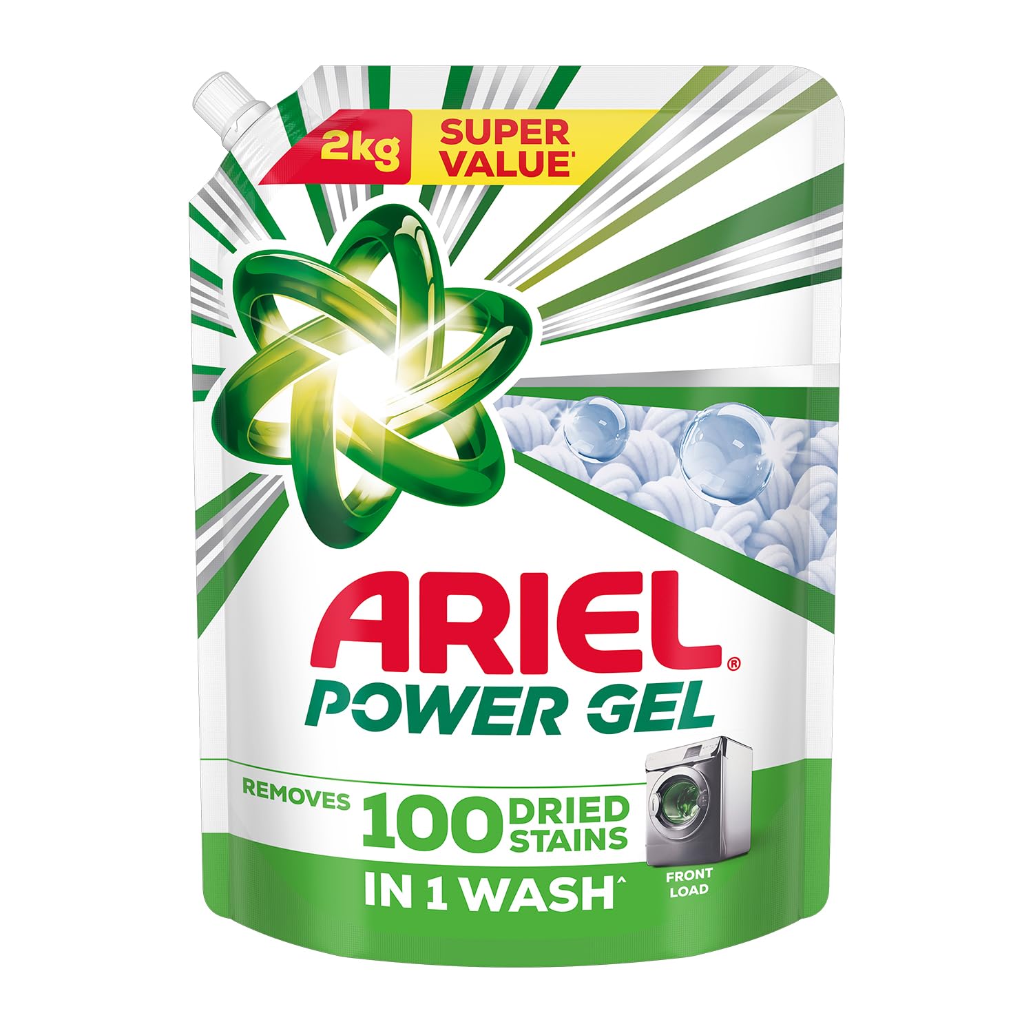 Ariel Power Gel Liquid Detergent for Front Load – 2Kg | Removes 100 Dried Stains in 1 Wash | Faster Dissolving | Long-Lasting Fragrance | Color Protection | At the price of Powders