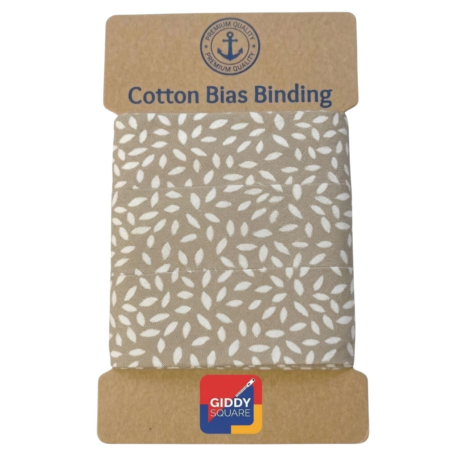 Taupe 100% Cotton Bias Binding Tape with Delicate Leaf Pattern – 27mm Wide x 10m Length – Premium Soft Smooth Finish for Sewing, Quilting, Dressmaking & Crafts - Giddy Square