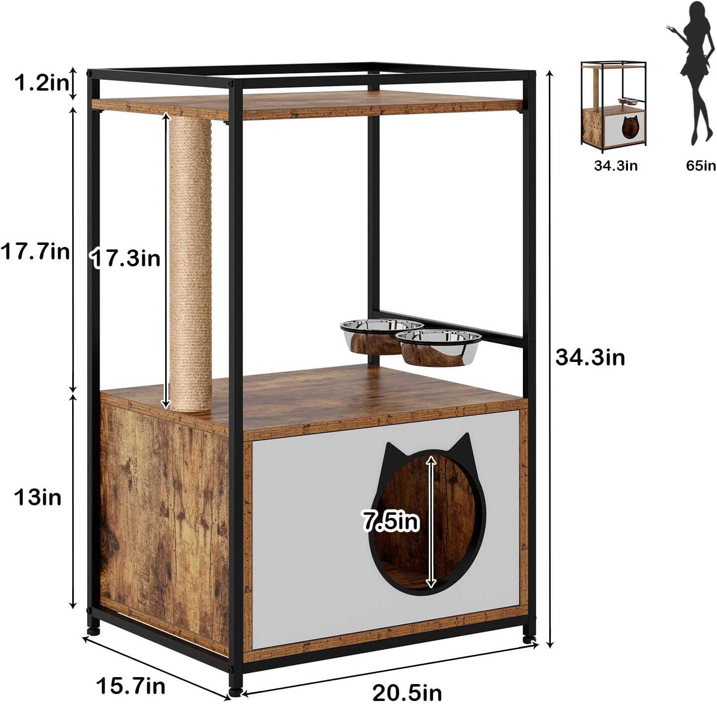 review soges Cat Tree Cat Condo, Industrial Cat Cabinet with Storage Shelf, Cat Tower with Scratching Post, Wooden Cat Furniture with Feeding Station