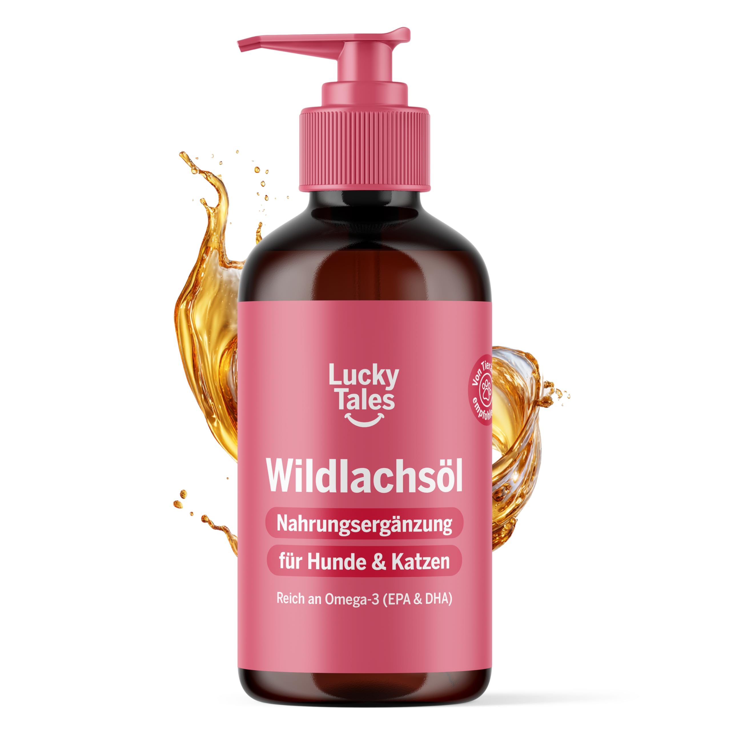 Lucky Tales Wildlachsöl - Lachsöl Hund & Katze mit Omega 3 (EPA & DHA) - 100% natürliches Fischöl für Haut, Fell & Immunsystem - Mit Pumpspender ideal für Barf, Nass- & Trockenfutter - 236 ml