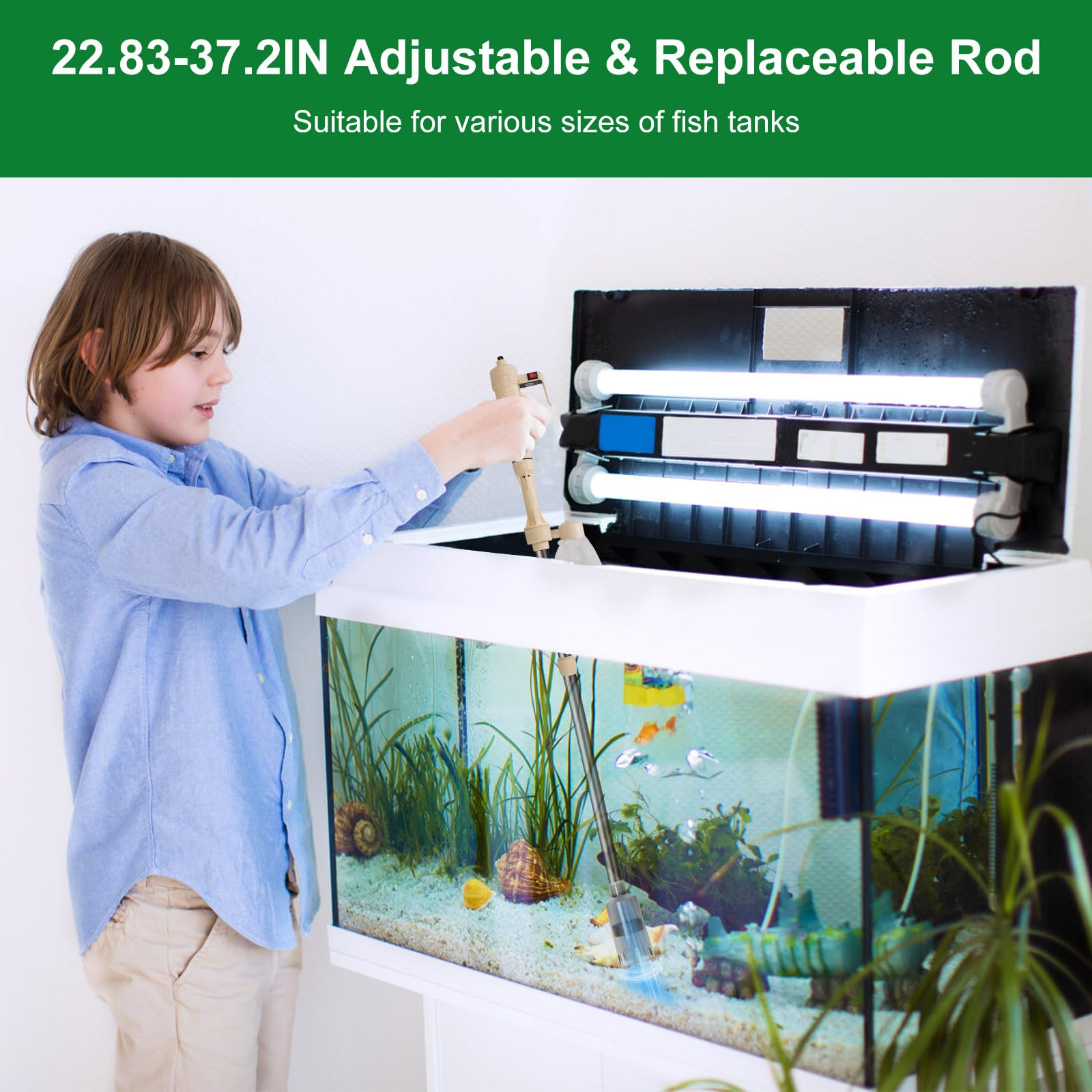 Kit de limpieza de grava para acuario, herramientas eléctricas de limpieza de peceras con succión fuerte, aspiradora automática multifunción para lavar arena, cambio de agua (longitud