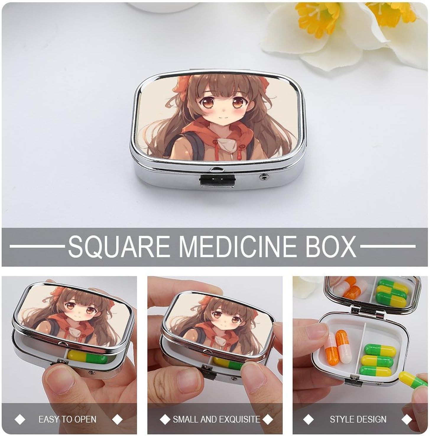 Pill Box with Mirror Japan Anime Pill Case 2 Compartment Personal Pill Organizers for Pocket Purse Portable Travel Pillbox Medicine Planner for Vitamin Fish Oil image 3