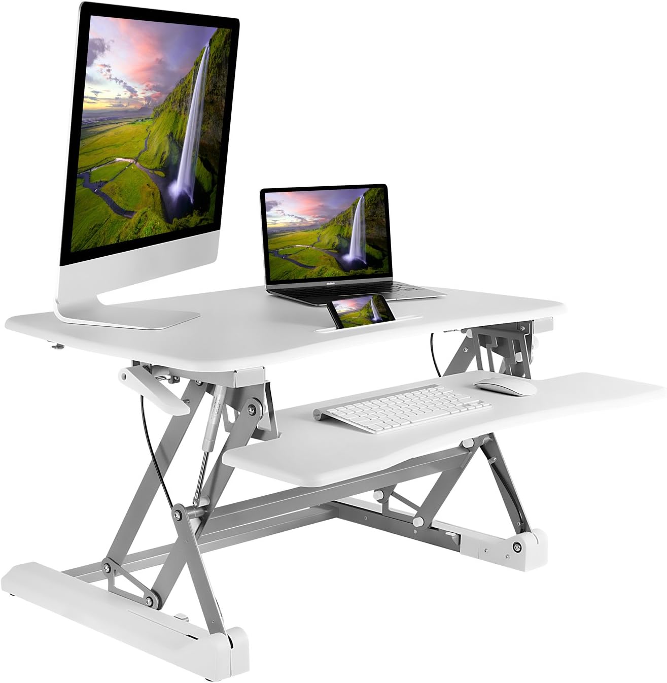 Mount-It! White Standing Desk Converter | 35” Wide Height Adjustable Desktop | Sit-Stand Desk with Gas Spring Handle | Stand Up Computer Workstation Fits Dual Monitors | White (MI-7956) : Office Products