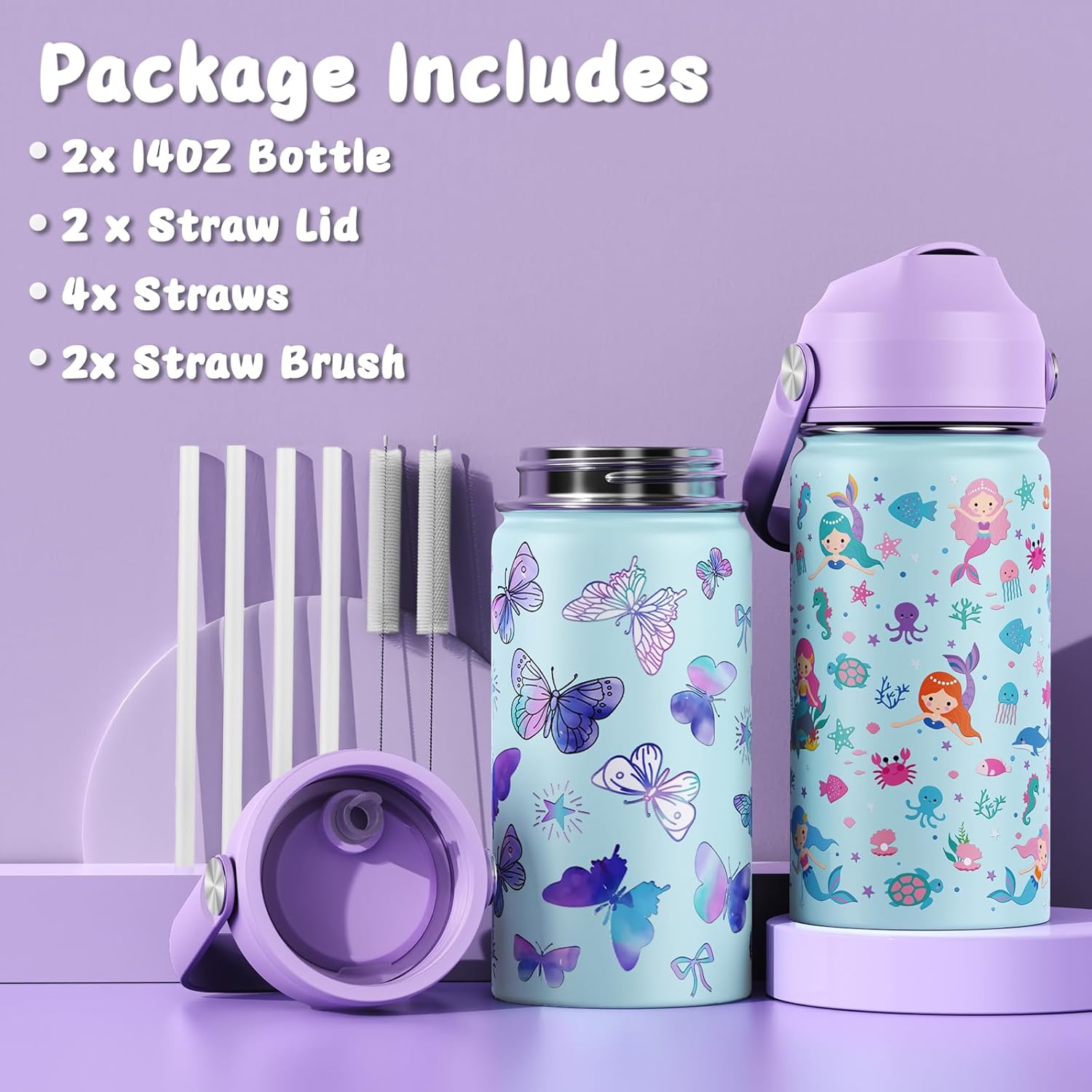 14oz Kids Insulated Water Bottle with Straw Lid - 18/8 Stainless Steel Kid Cup Travel Tumbler Double Wall Vacuum Leak Proof Portable Toddler Water Bottle (Butterfly+Mermaid） - Image 5