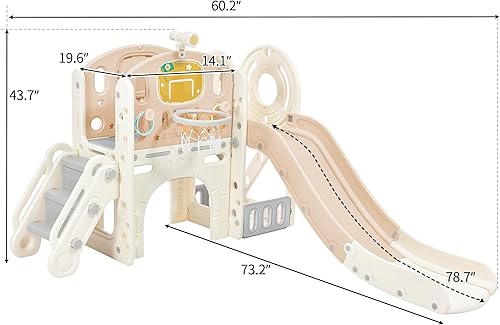 Miniatura 3 de Juego de toboganes 7 en 1 para niños, casa de juegos independiente de escalada en castillos con tobogán, túnel de arco, lanzamiento de anillos y aro