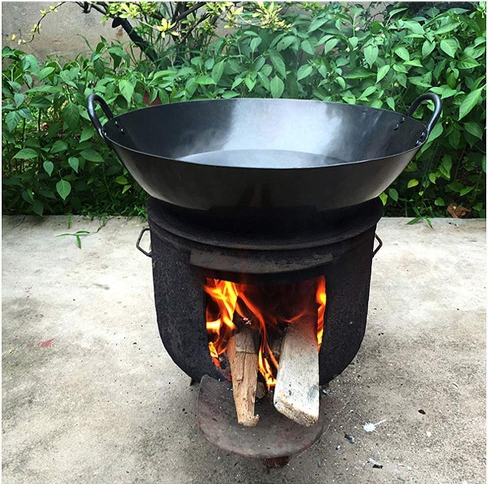 22-Inch Traditional Hand-Hammered Cast Iron Wok - Heavy-Duty Chef's Pot for High-Capacity Meals, Non-Rust, Ideal for Family Cooking & Outdoor Use (50cm)