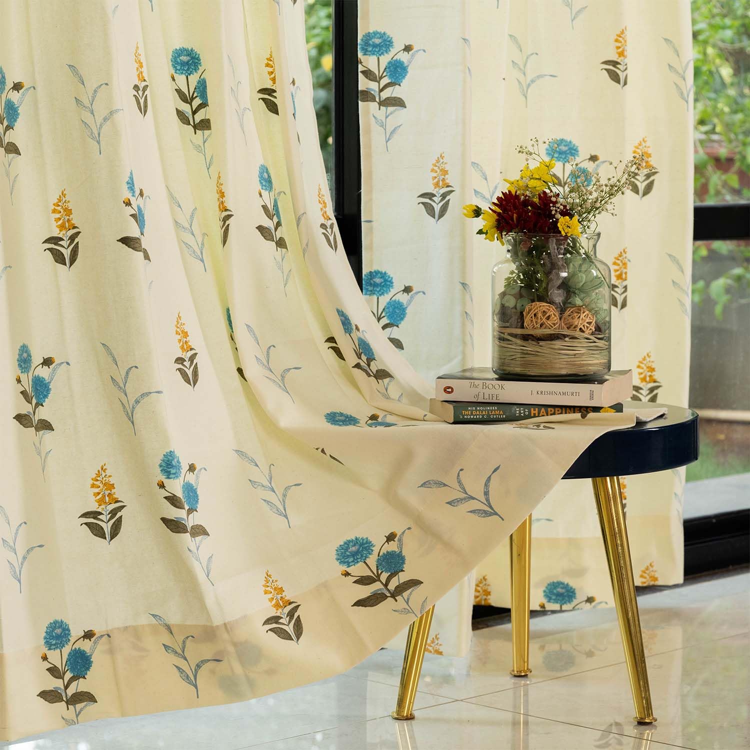Urban Space 100% Cotton Curtains 5 feet Long Set of 2, 60-65% Room Darkening Curtains, Decorative Curtains with Eyelets/Rings for Hanging, Tieback Included (Cotton Coneflower - Blue, 5 feet x 4 feet)