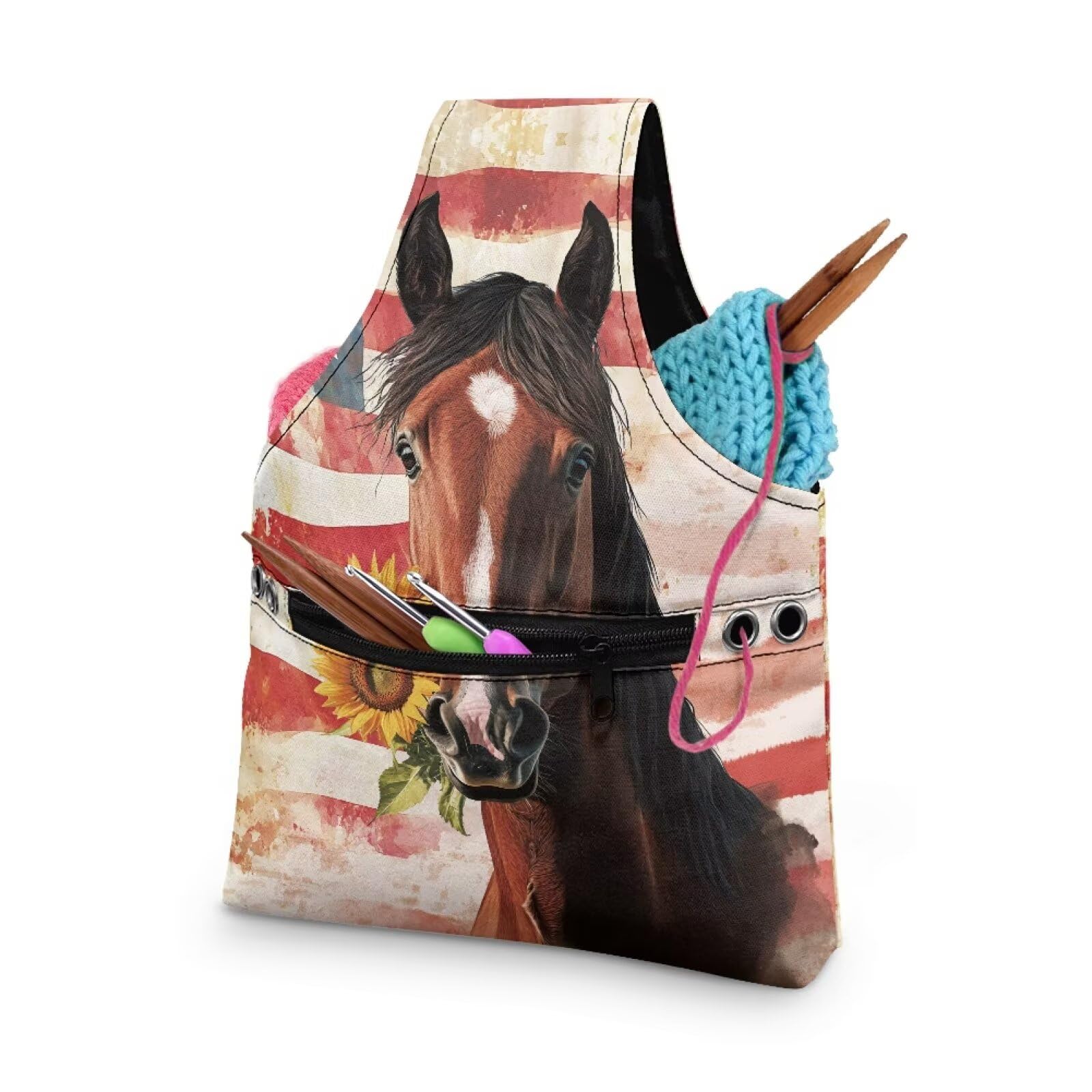 ZUXONGSY American Flag Knitting Bag Organizer for America250 Horse Knitting Crochet Tote Bag July 4th 2026 Lightweight Sunflower Yarn Tote Handbags for Crocheting
