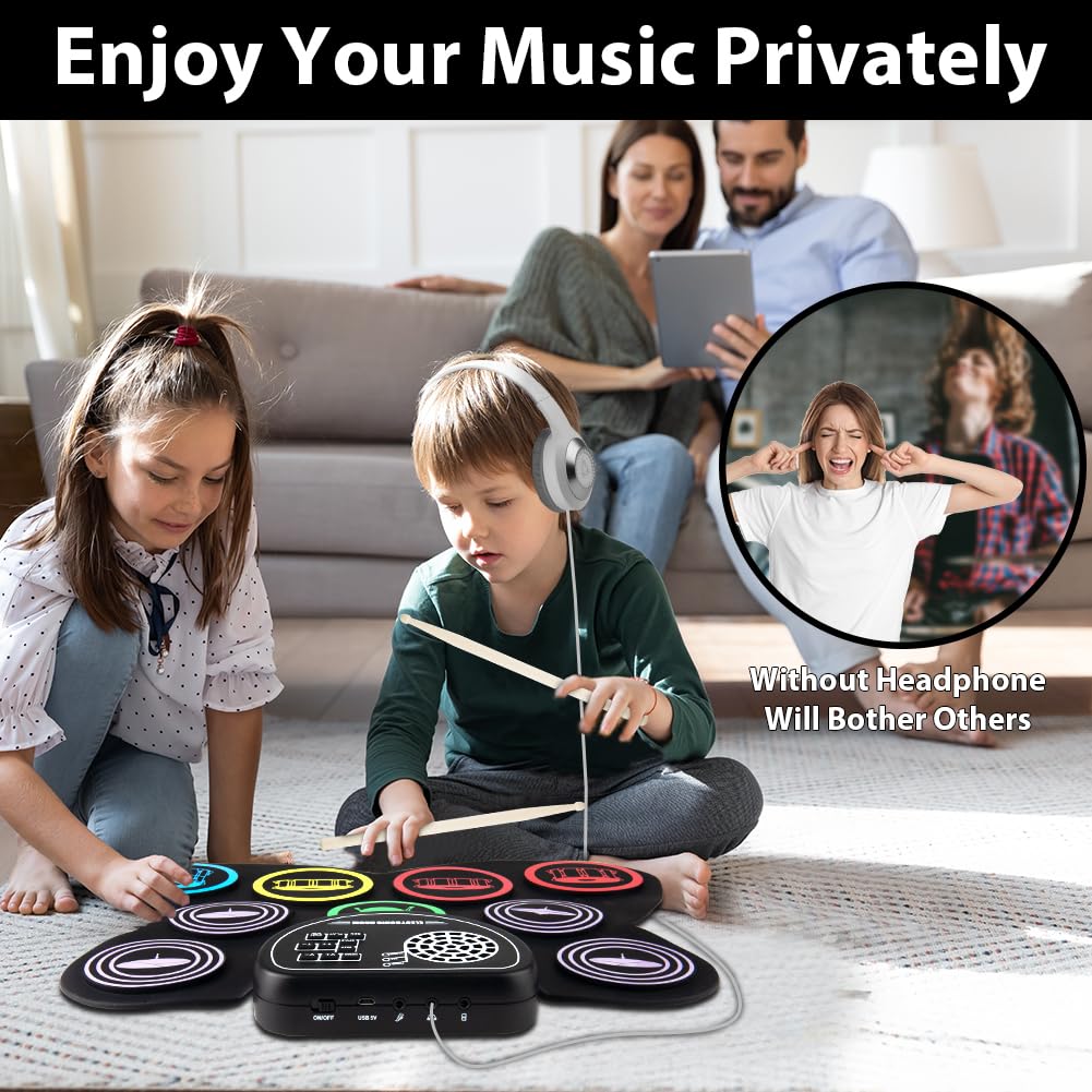 OFFCUP Batteria Elettronica Portatile 9 Pads Electronic Drum Kit con 2 Bacchette e Pedali Altoparlanti Stereo Pieghevole Roll Up Tamburo Digitale per Bambini Adulti Principianti