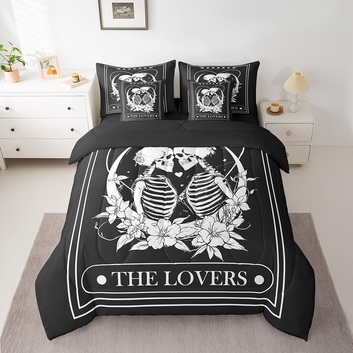 Feelyou Halloween Comforter Set 7 Pieces Queen Sugar Skull Bed in a Bag The Lovers Couple Gothic Skeleton Bedding Set All Season Horror Flower Black Bed Set with Comforter, Sheet Set, Pillowcases