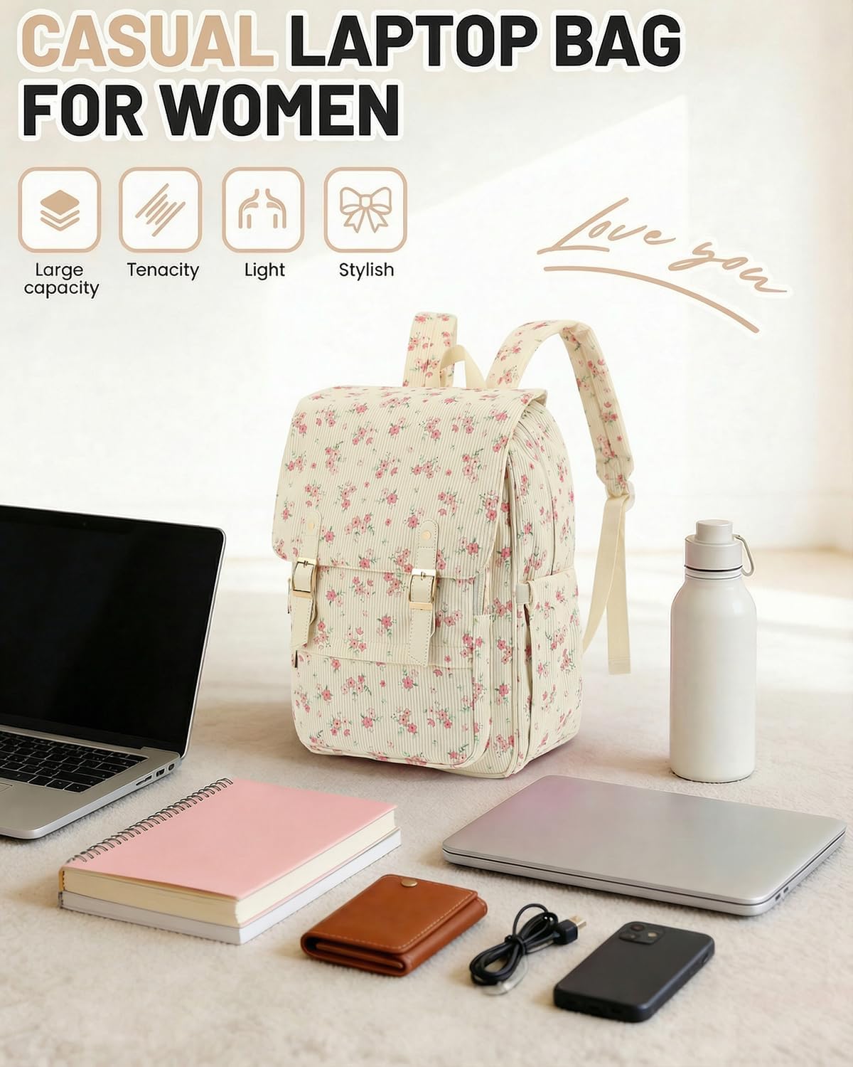 Corduroy Laptop Backpack for Women, Fits 15.6 Inch Computer Bag, College High School Bookbag Travel Daypack Purse, Work Business Bags - Beige Corduroy Floral Pink - Image 6