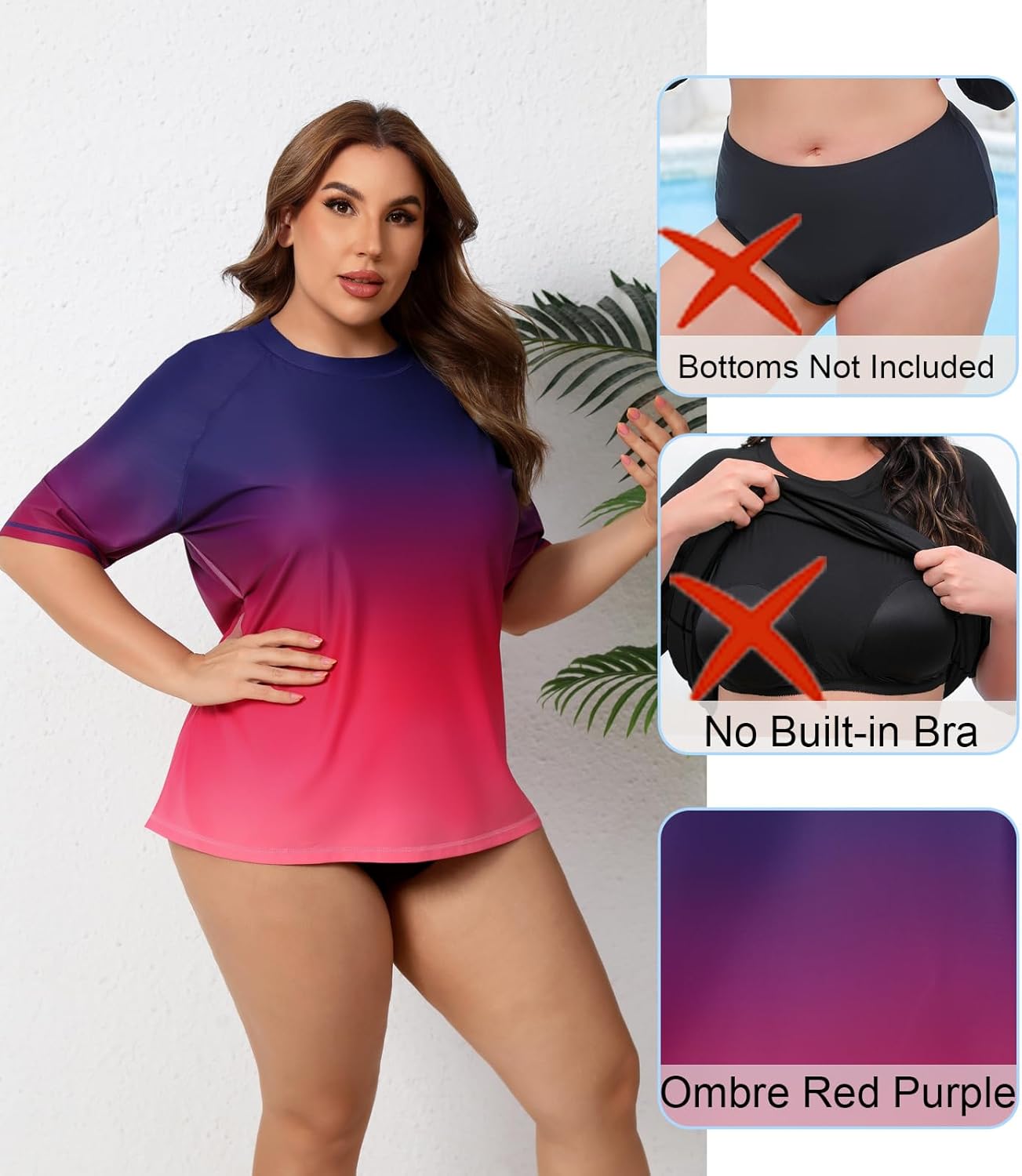 Halcurt Women's Plus Size Rash Guard Short Sleeve Swim Shirts Loose Fit UPF50+ Sun Protection Swimsuit Top Only