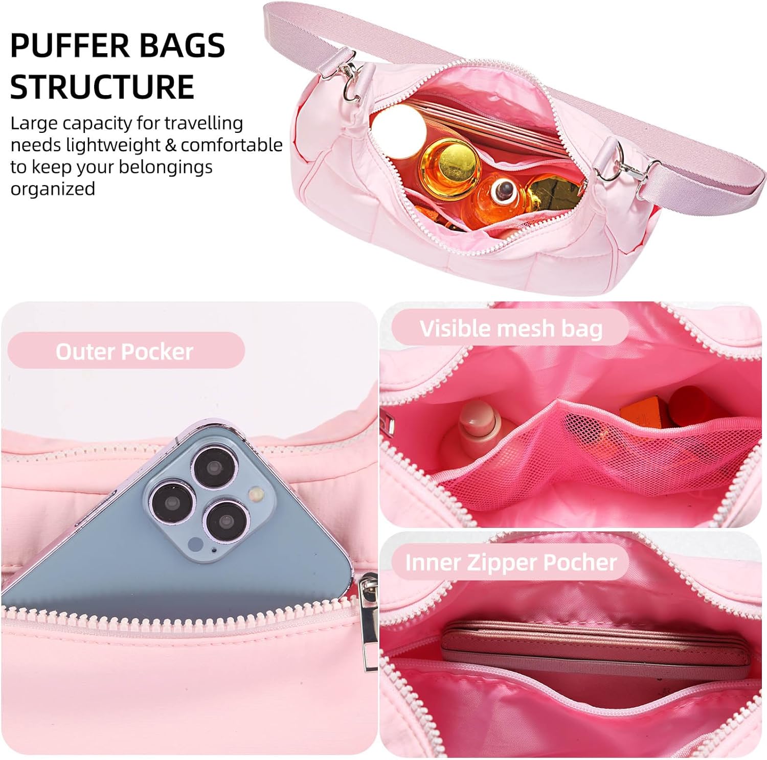 Puffy Crossbody Bags for Women, Small Puffer Crescent Shoulder Bag, Nylon Quilted Purse for Women with 2 Straps - Image 5