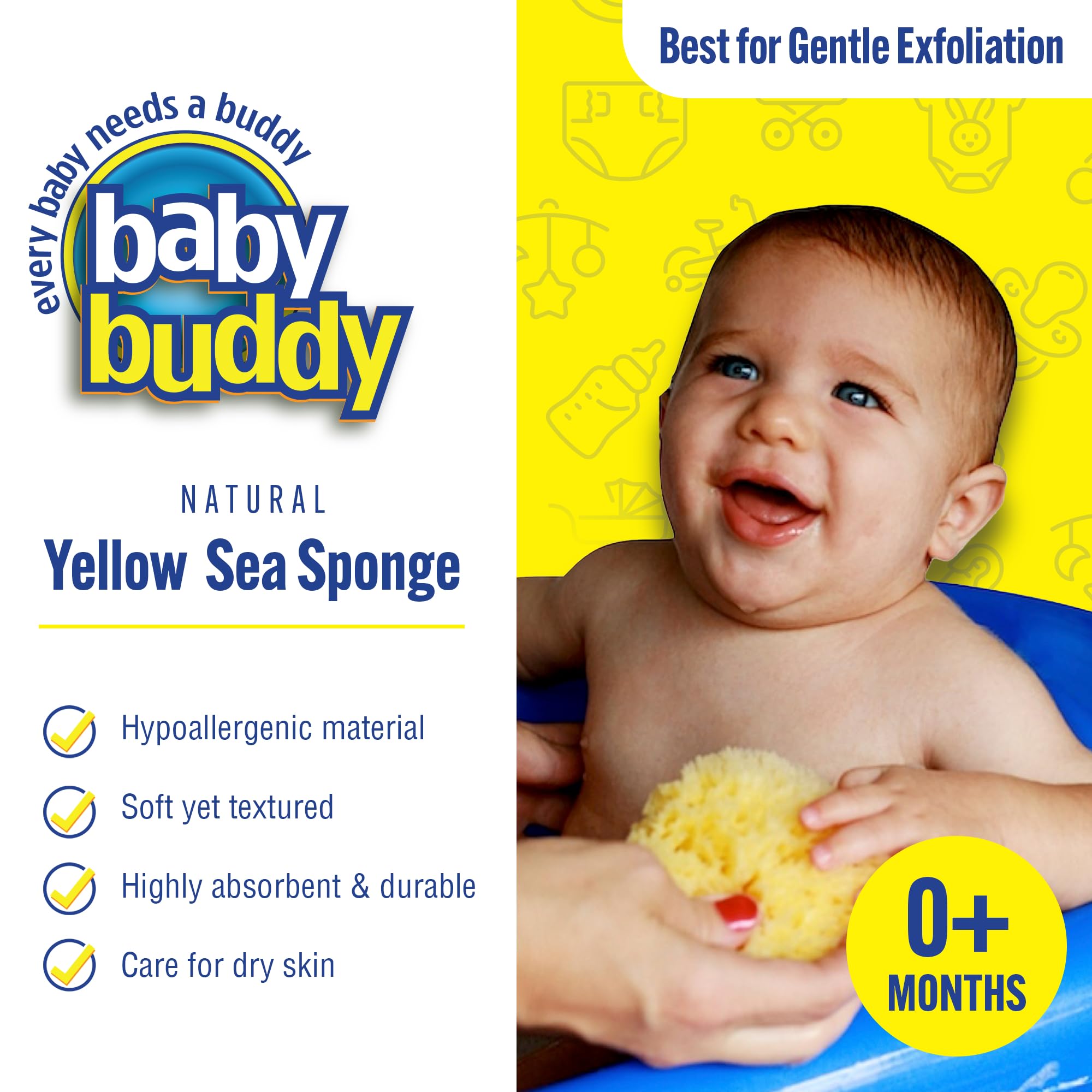 Baby Buddy Wanienka dla niemowląt, żółta gąbka morska, chłonna, naturalna gąbka morska, miękka dla delikatnej skóry, biodegradowalna, hipoalergiczna, akcesoria kąpielowe do kąpieli, 3 szt