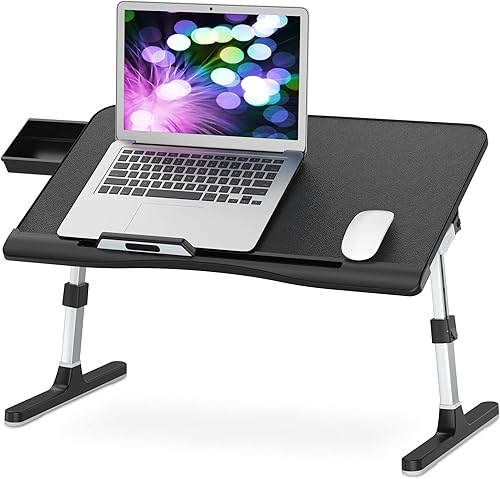 COKWEL - Bandeja de cama para laptop, mesa de cama ajustable de cuero de PVC, mesa plegable para portátil con cajón de almacenamiento para cama,