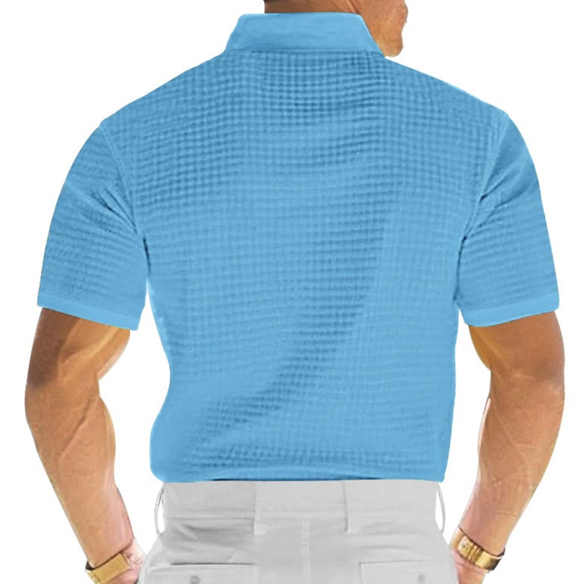 Men Waffle Sports Knitted Polo Shirts Thin Quarter Button Lapel T Shirt Summer Classic Breathable Pullover Tops (Light Blue,Small)