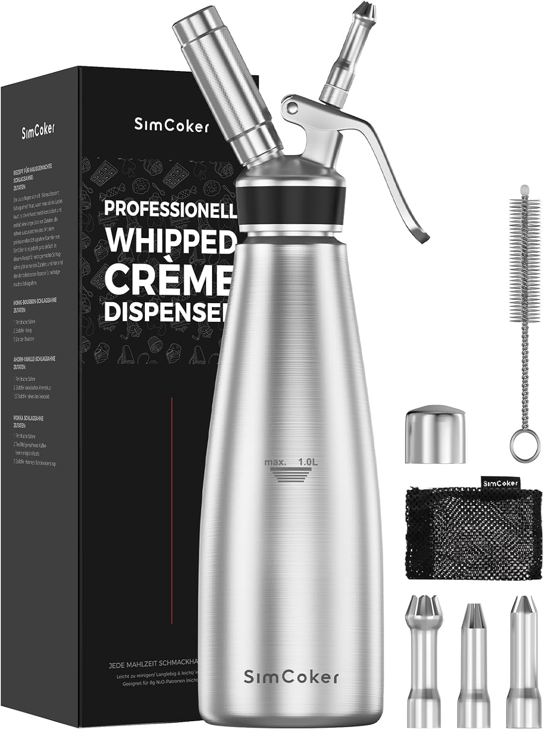Profi Edelstahl Sahnespender 1L / 1000ml   Whipped Cream Dispenser mit 3 Dekord sen Reinigungsb rste & Aufbewahrungstasche   F r Desserts Kaffee & Geb ck   N O Kapseln Nicht Enthalten