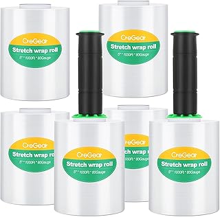 Stretch Wrap Film 6 Pack, Mini Clear Shrink Wrap (5"x1000Ft x80 Gauge) with 2 Reusable Handles, Industrial Stretch Plastic Wrap for Moving Wrapping Plastic Roll & Pallet Wrap,Total 6000 Ft