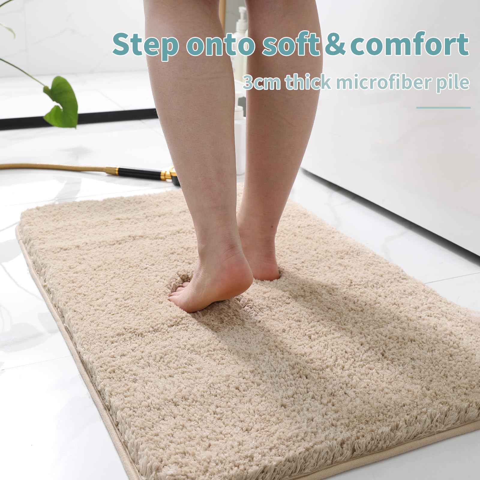 Alfombra de baño de microfibra extrasuave de 20 x 30 pulgadas, antideslizante, lavable, absorbente de agua, de secado rápido, para suelo del baño, bañera y ducha, color beige
