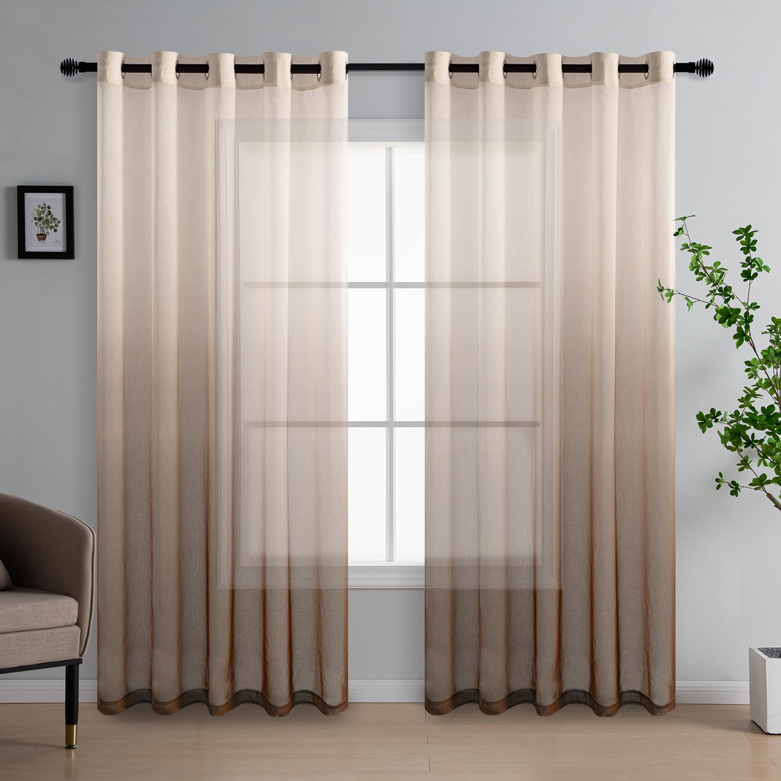 DWCN Brown Gradient Curtains for Living Room Net Curtain Eyelet Voile Curtains 90 Drop Pair Sheer curtains for Bedroom Set of 2