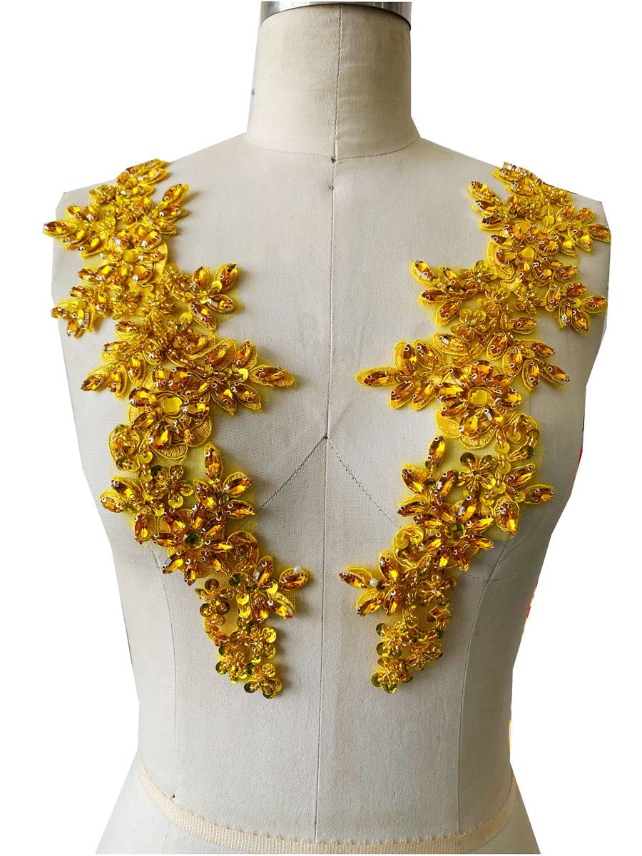 Zbroh Handmade red/White//Green/Blue Rhinestones Applique Sewing Beads Stones Trim lace Patches Accessory for Dress Clothes one Pair (Gold)