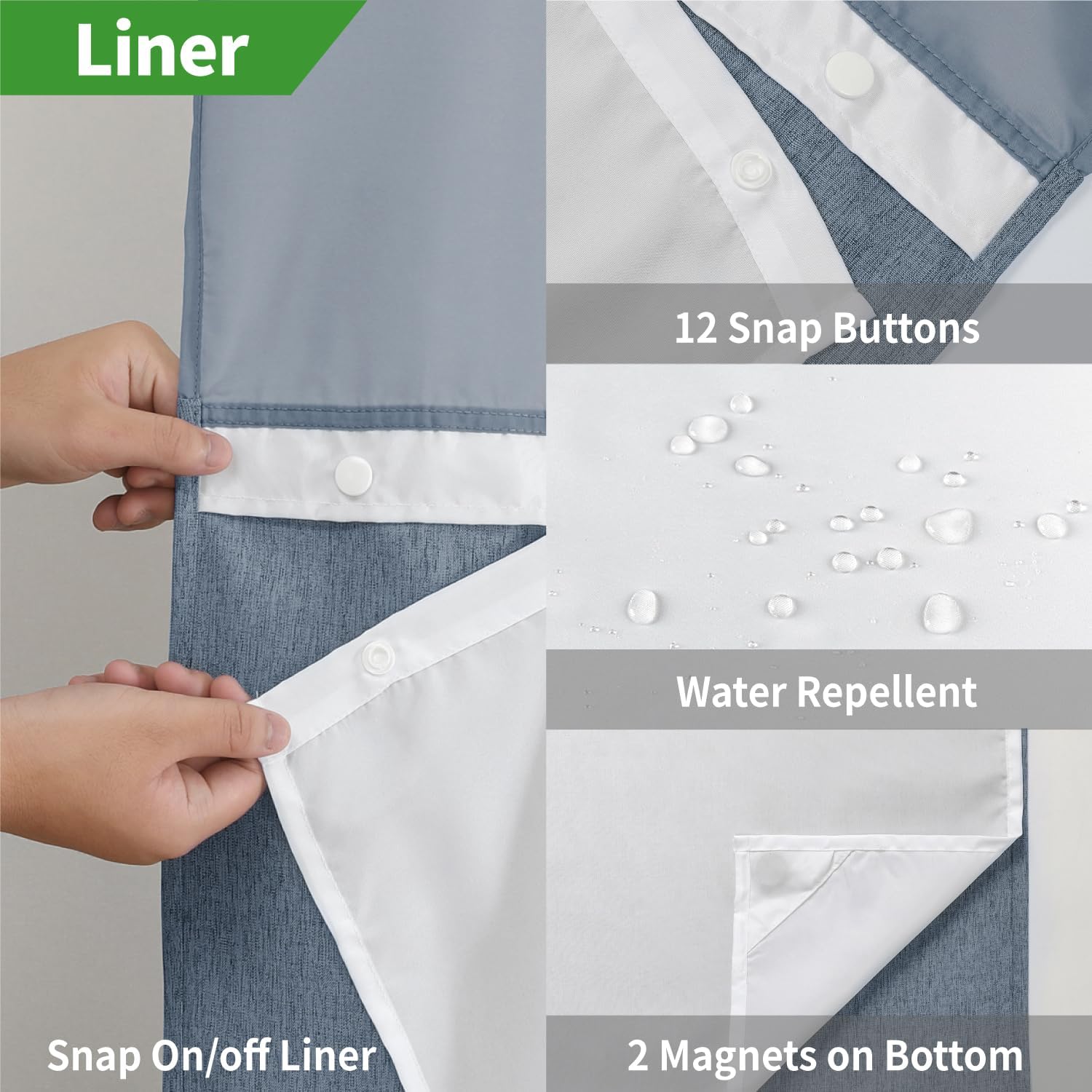 Extra Long No Hooks Needed Linen Textured Shower Curtain with Snap-in Fabric Liner Set,Blue Grey Hotel Luxury Decor Shower Curtains for Bathroom,Waterproof & Washable,71Wx86H