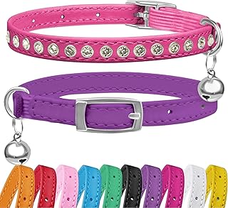 2 Pack Leather Cat Collar with Bell & Rhinestone, Adjustable Breakaway Safety Collar with Elastic Strap for Kittens and Cats, 7.5"-11.5" Neck Fit, Rose Red and Purple