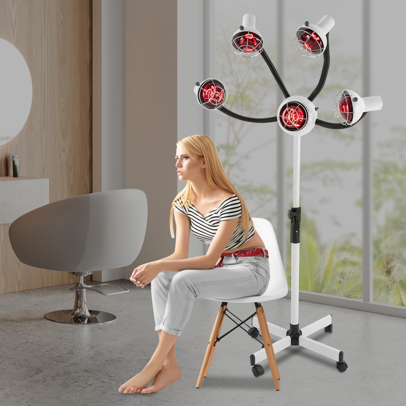 Cuffia da parrucchiere a 5 teste a infrarossi, da salone, 750 W, con supporto, asciugacapelli 40 – 80 °C, 112 – 136 cm, altezza regolabile (bianco)