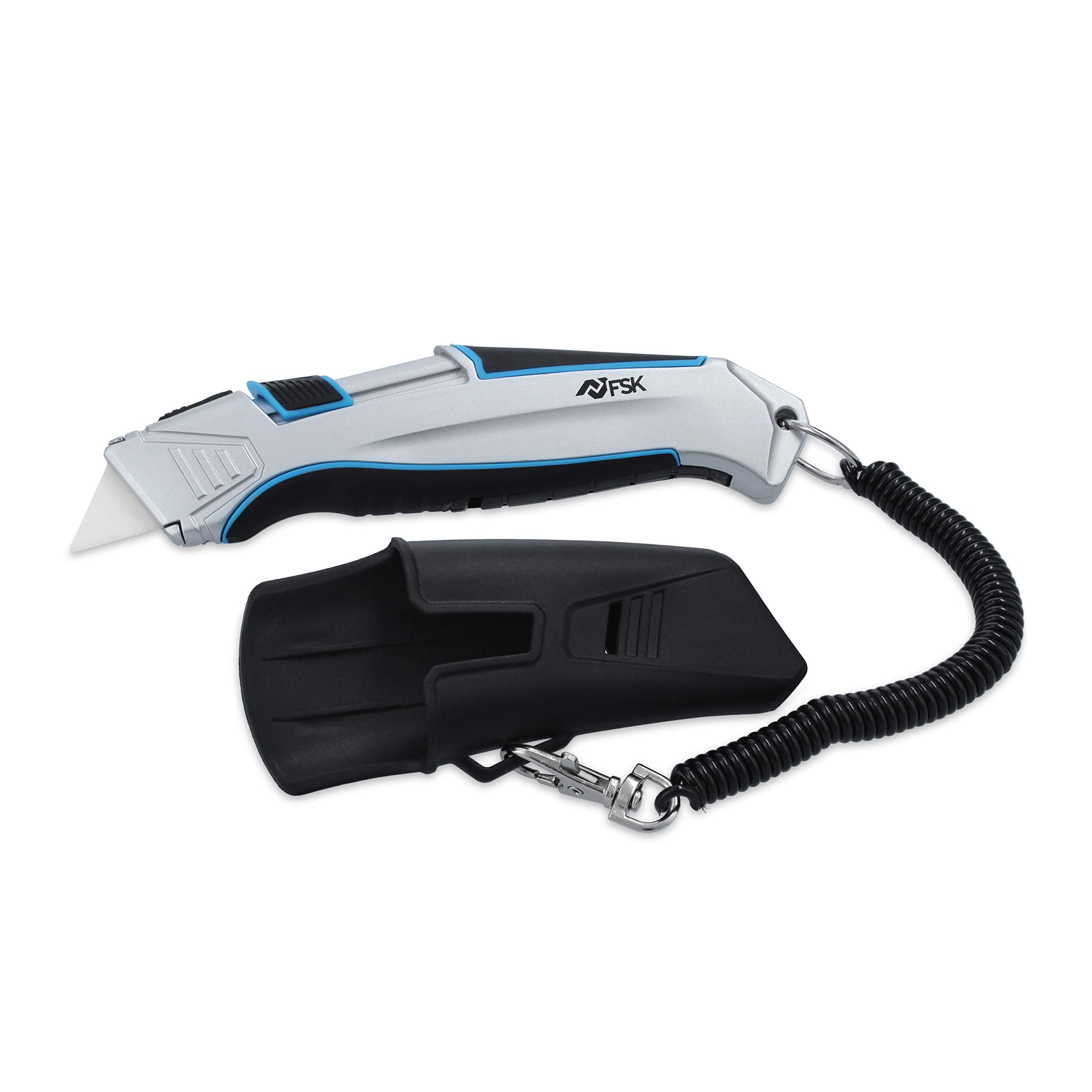 Ferrestock FSKTWC001 cuchillo cúter cerámico de seguridad auto-retráctil con cable de seguridad, cuerpo de aluminio, sistema de bloqueo y funda para cinturón