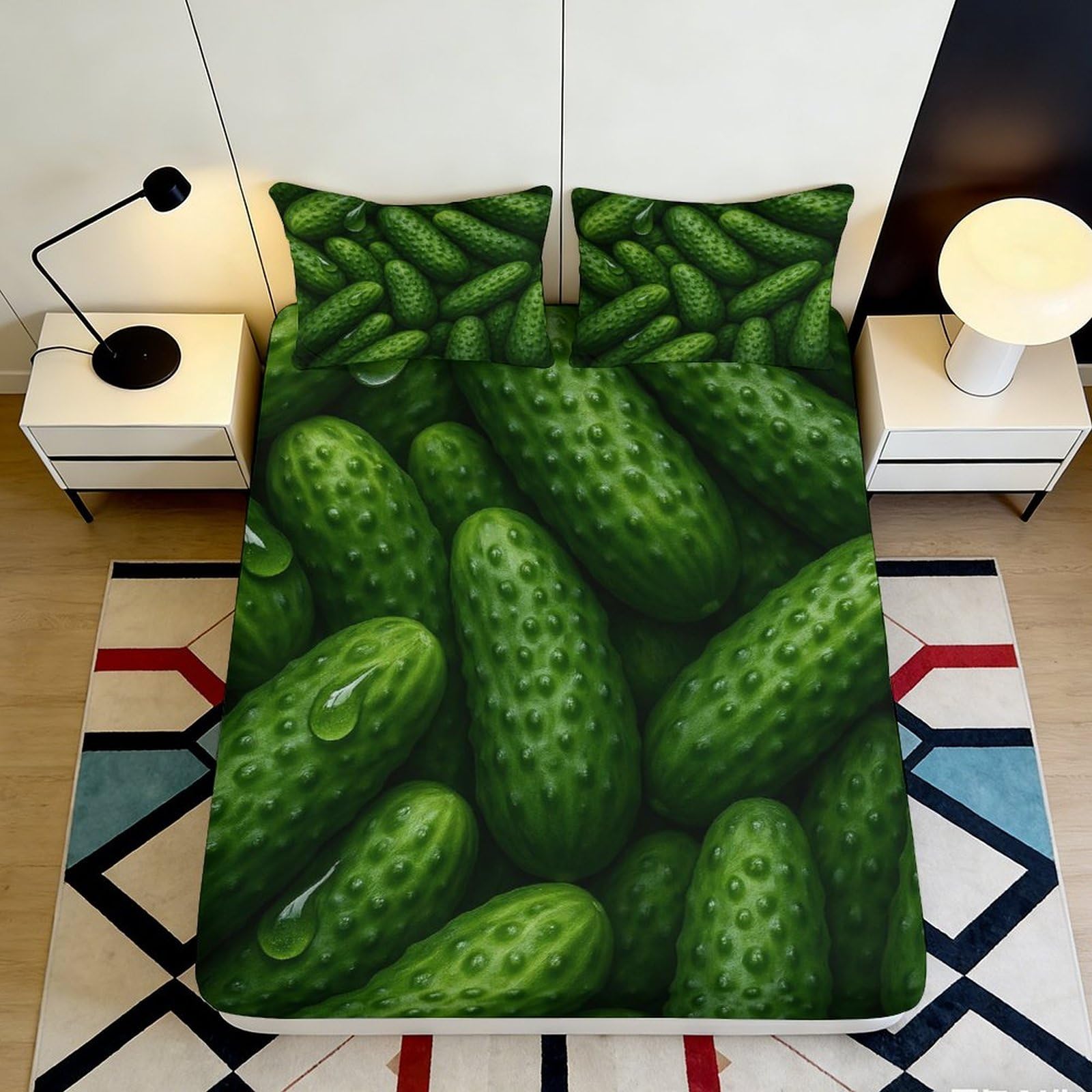 3D Printed Cucumber Pattern Fitted Sheet Microfiber Soft Green Pickle Bed Cover for Bedroom Guest Room Dorm Mattress Decor 120x200x25cm
