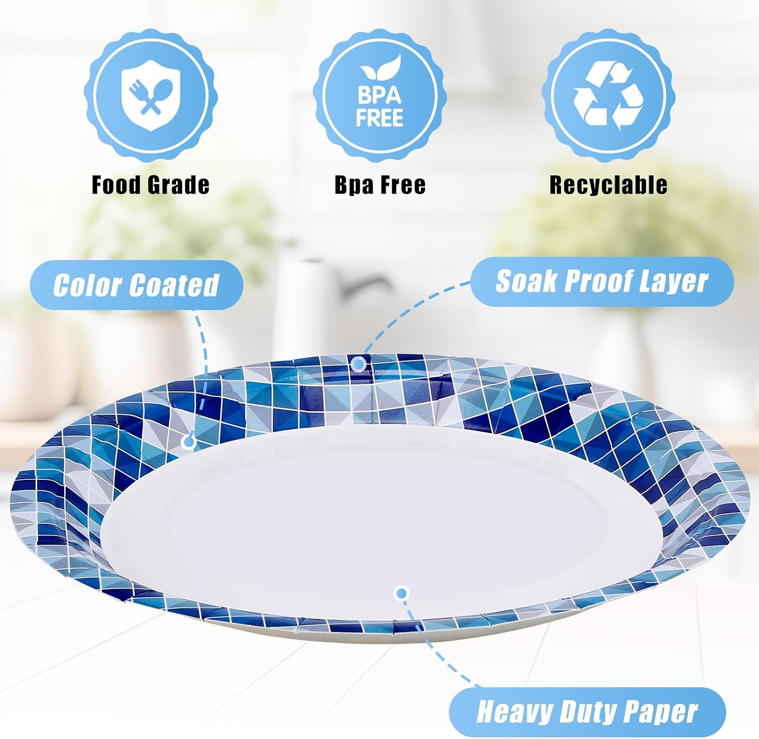 100 Pack Disposable Paper Plates, 9 Inch Heavy Duty Disposable Plate, Dinner Plate for Party, Round Paper Plates for Everyday Use, Soak Proof, Cut Proof, Blue Printed