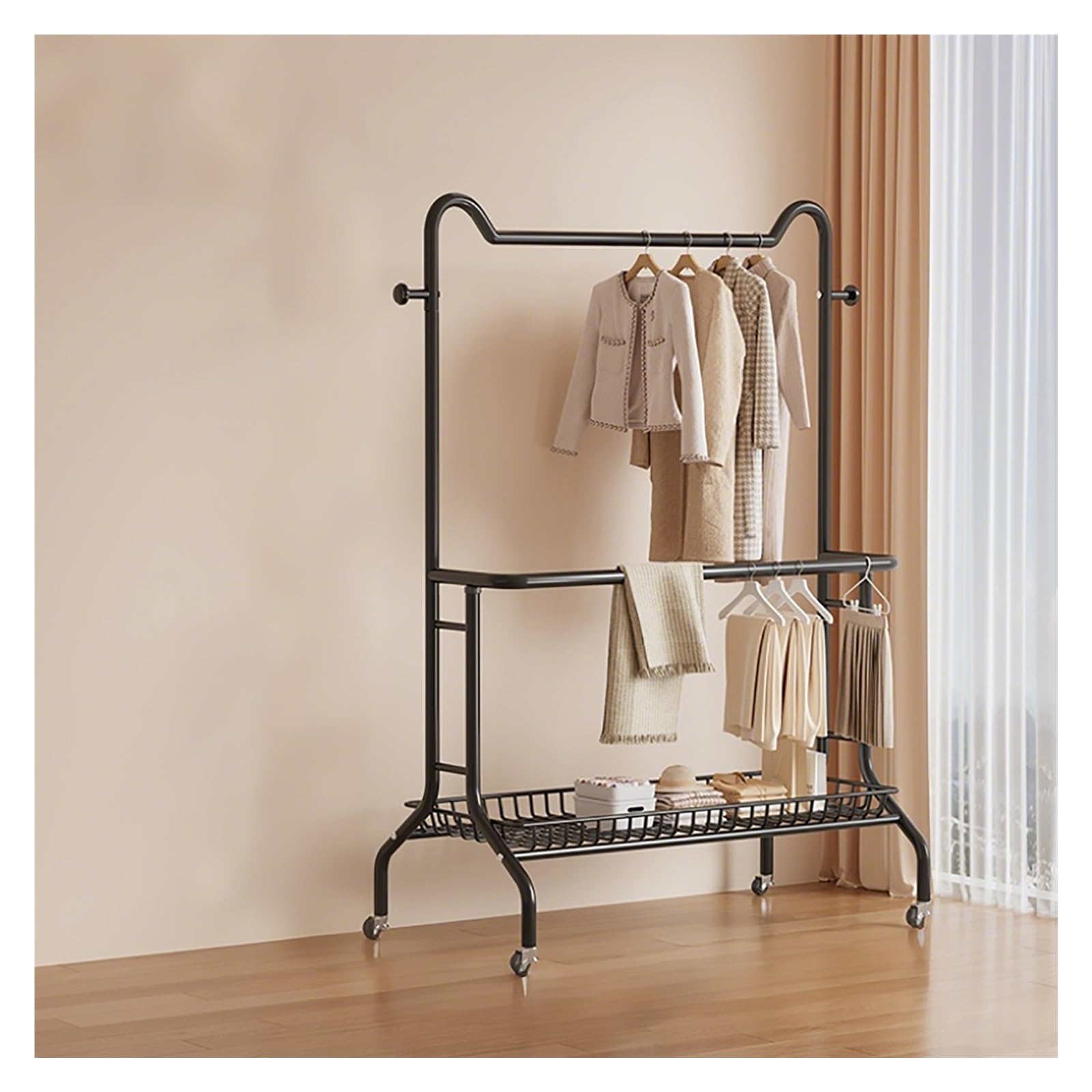Portant à vêtements double barre mobile pour un dressing suspendu et ordonné