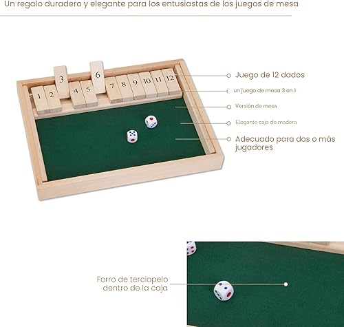 Miniatura 5 de Bits and Pieces - Juego de mesa grande Shut The Box - Juego de mesa 3 en 1 - Juego de mesa de 12 dados - Caja de juego de mesa de pub de madera - 2
