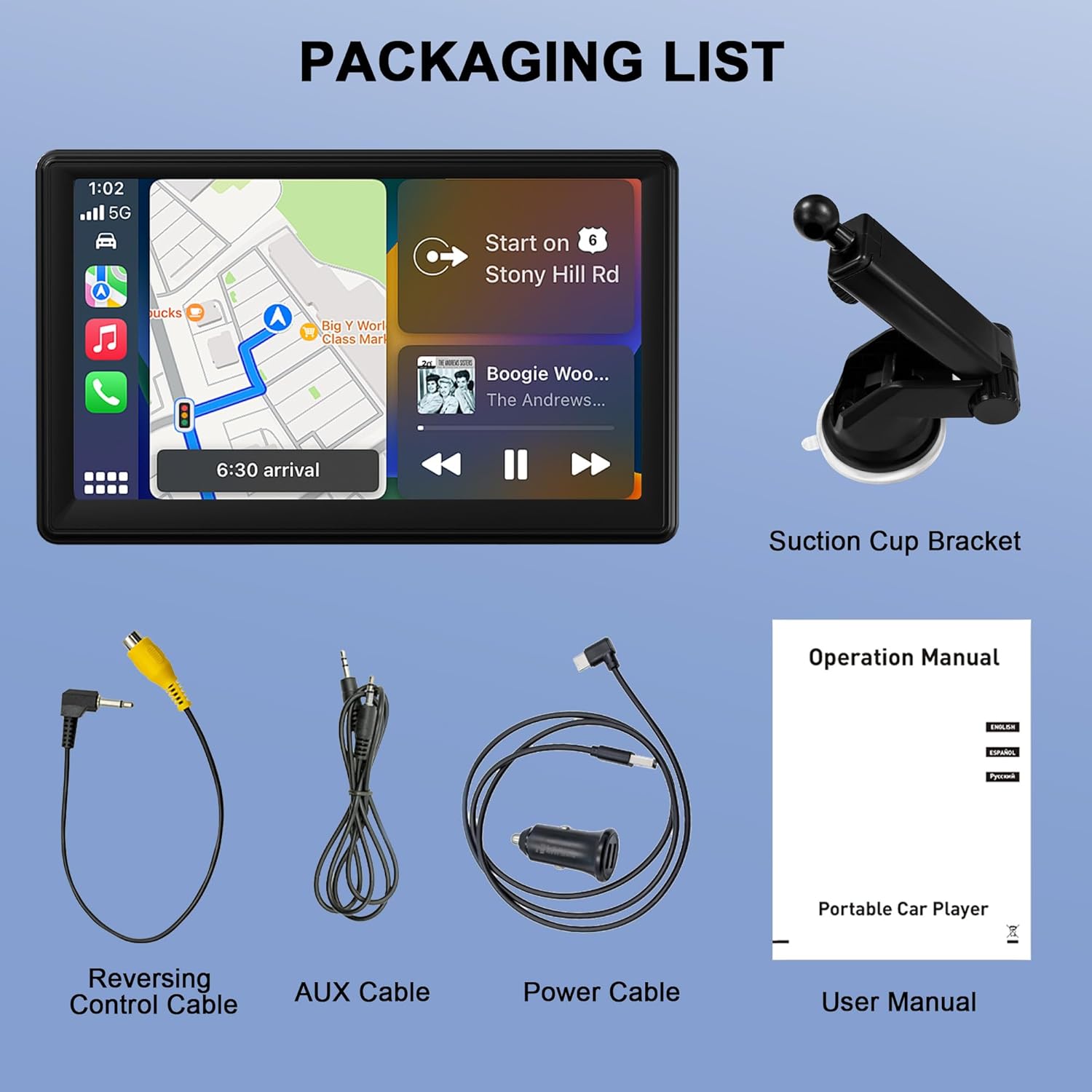 7" Portable Wireless Touch Screen Support Wireless Carplay Android Auto, with Mirror Link/Voice Control/Bluetooth/FM/GPS Navigation/AUX