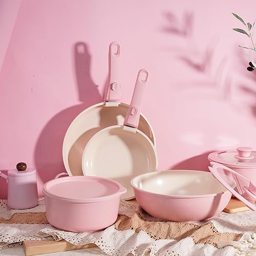 Miniatura 2 de Astercook Juego de ollas y sartenes de cerámica de 20 piezas, juego de utensilios de cocina antiadherentes con asas desmontables, apto para horno
