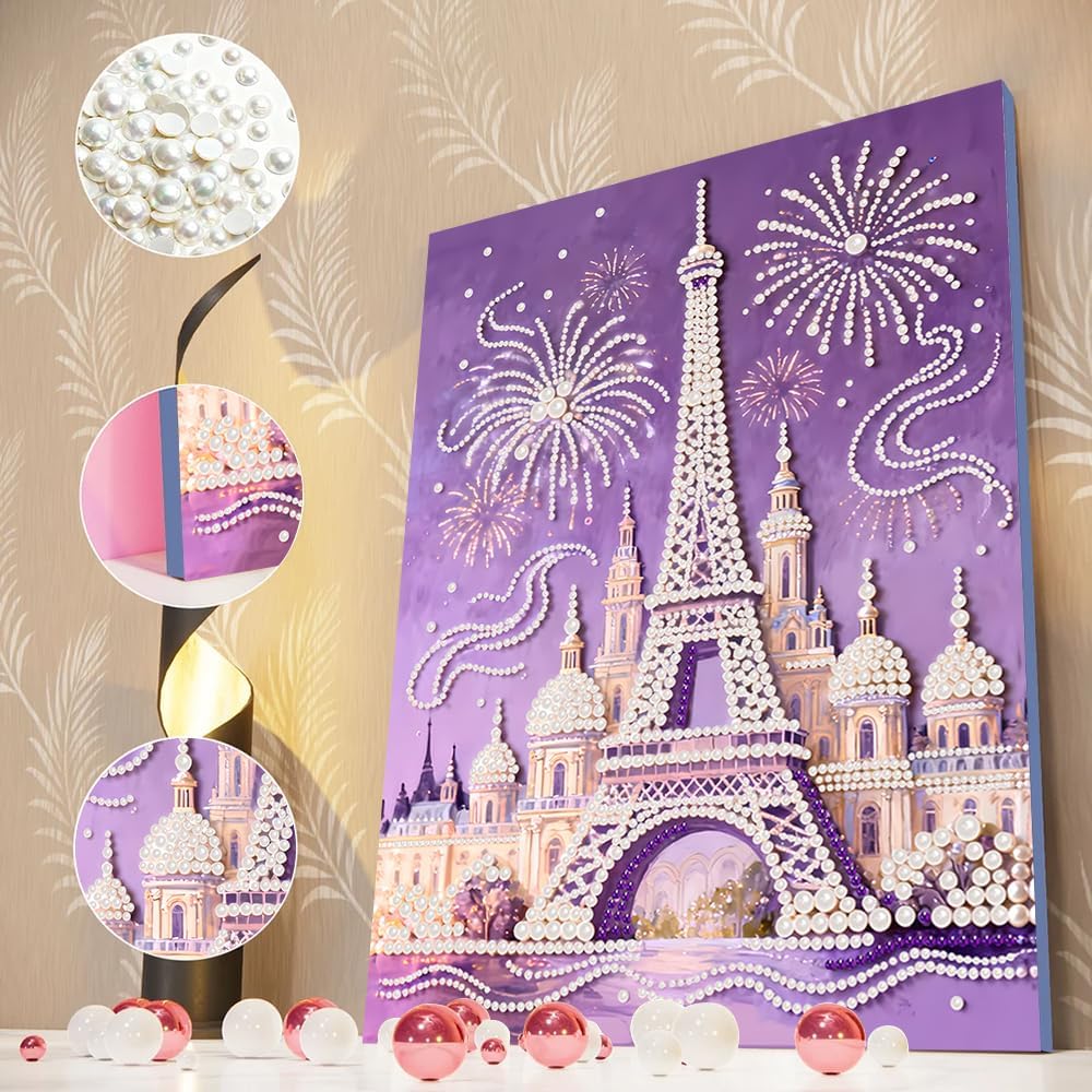 DIY Pearl Painting Kit for Adults - 12"x16" (30x40cm) Architectural Series, Diamond Art Kits with or Without Frame, Home Wall Decor, Relaxing Gift (Eiffel Tower, with Inner Frame)
