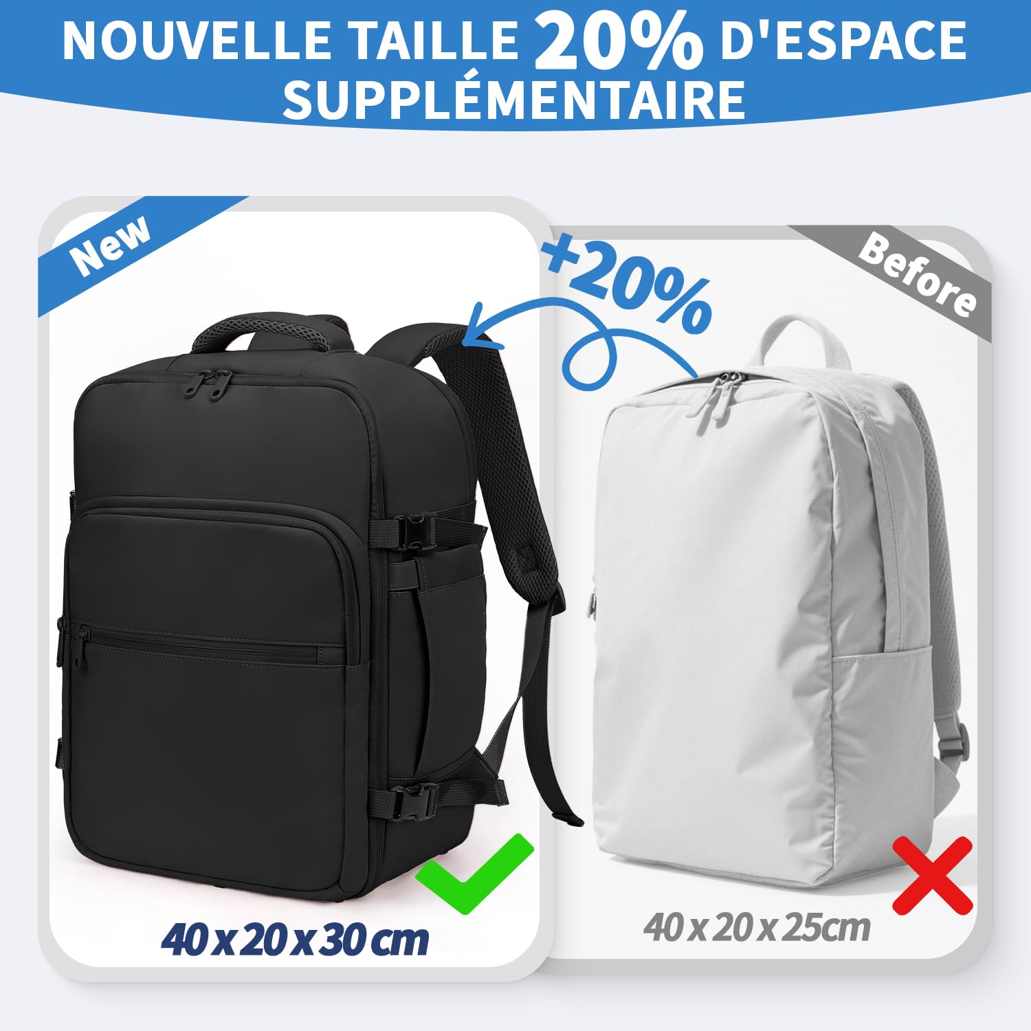 VSNOON Bagage cabine 40x30x20, 24L Sac a Dos Voyage Cabine Avion, Sac à Dos Ordinateur 15 Pouces pour Ryanair, Wizz Air, Transavia, étanche Sac Cabine Pour Homme, Noir