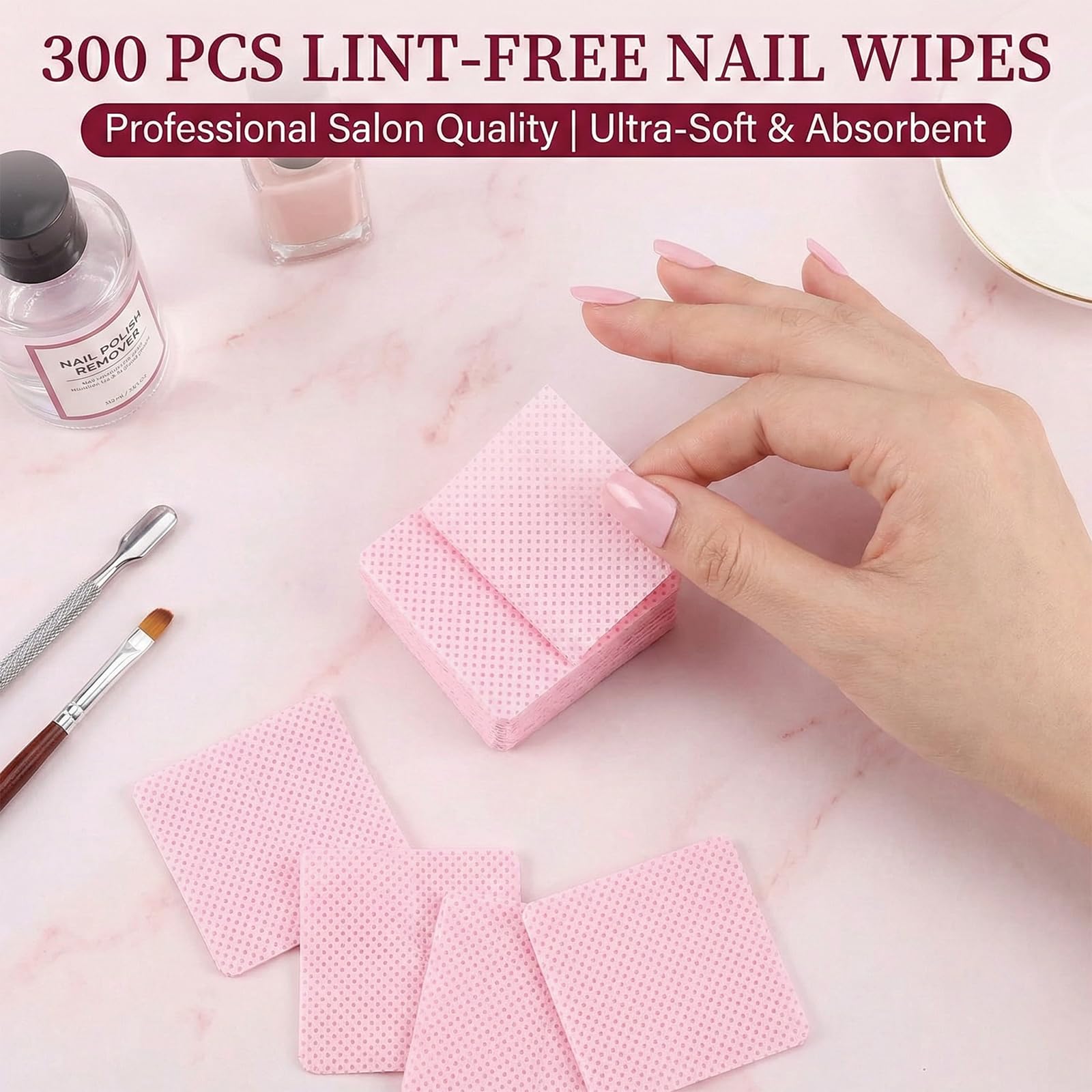 300 Pezzi Pad Senza Pelucchi per unghie in Cellulosa Quadrate, Salviette per Unghie, Unghie Rimozione Pulizia Pads per Rimuovere Smalto e Gel per unghie fai da te e saloni (Rosa)
