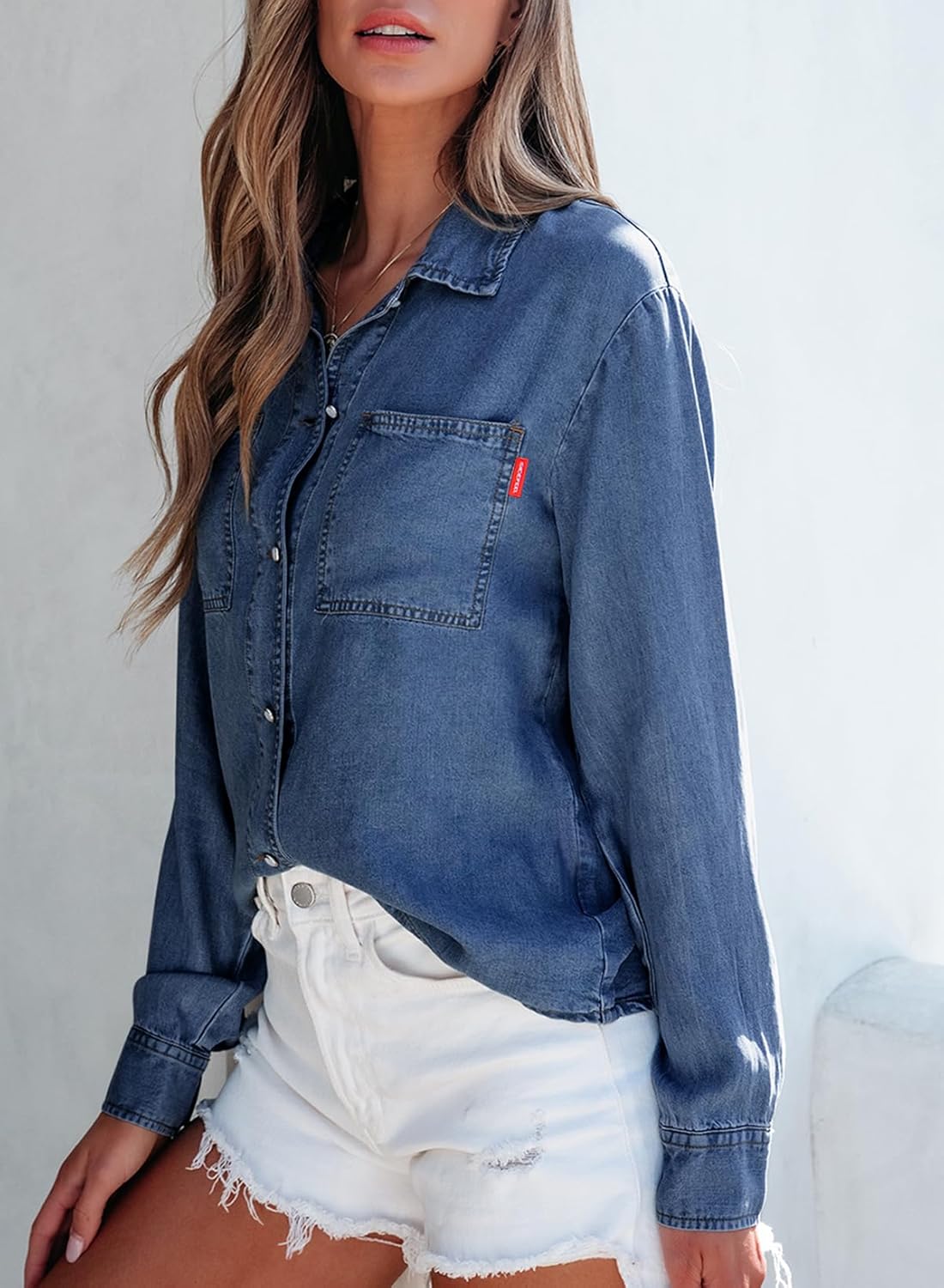 Sidefeel Women's Denim Shirts Button Down Jean Shacket Spring Outfit 2025 Long Sleeve Chambray Blouse Top - Image 3
