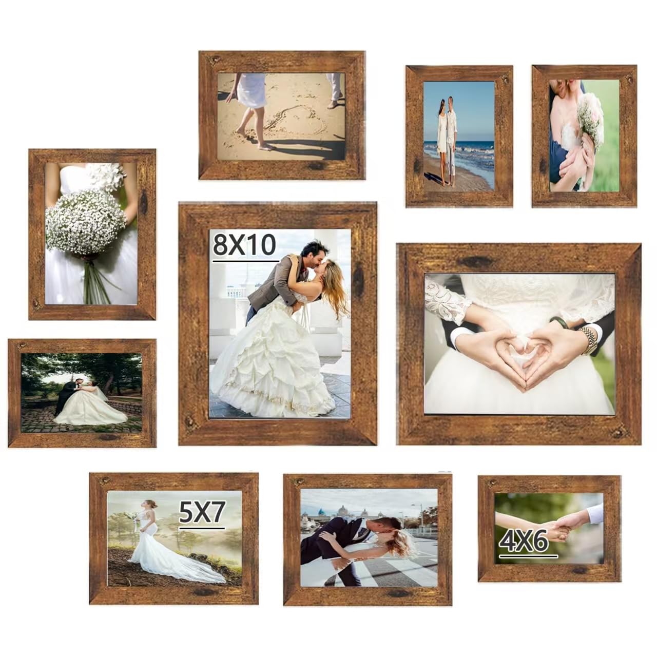 10 pack Picture Frame Set with Two 8x10,Four 5x7,Four 4x6, Rustic Collage Gallery Wall Frame, Farmhouse wood Photo Frames for living room Wall Gallery Decor or Desk,Rustic Brown