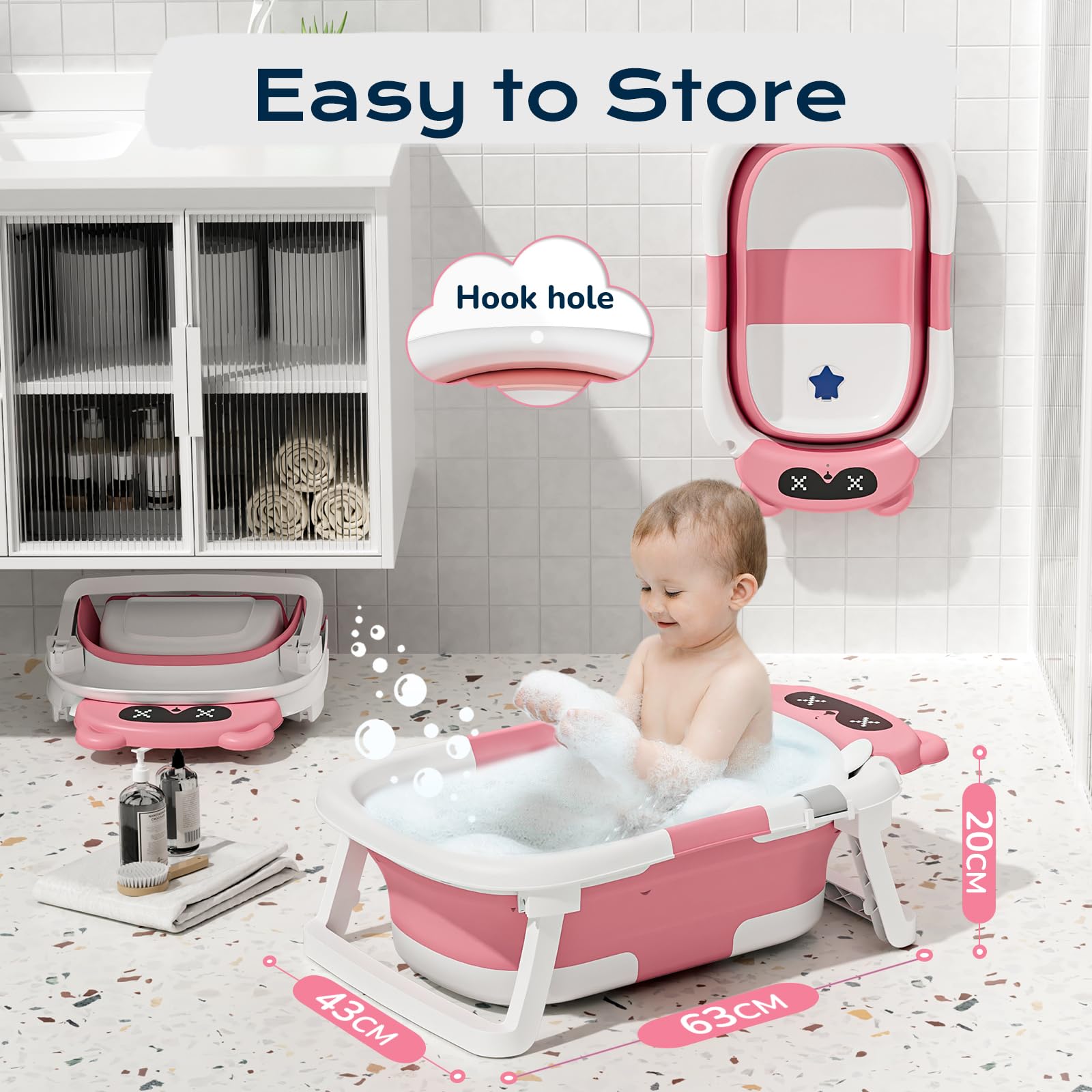 Vaschetta Bagnetto Neonato, Vasca Neonato Bagnetto Per Neonati Pieghevole Essenziale Per Il Neonato Con Cuscino (0-18 Mesi), Regalo Ideale Per Neonati E Bambini Portatile Salva Spazio, Rosa brillante