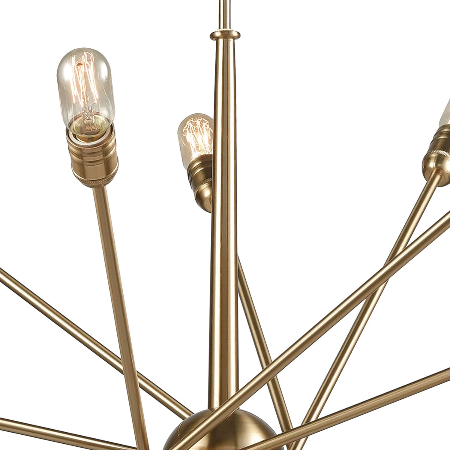 Close-up of two chandelier arms with exposed E26 bulb sockets, ready for bulb installation, in a satin brass finish.