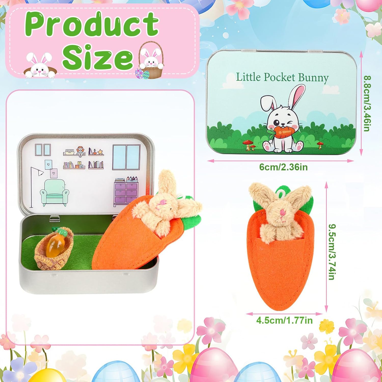 Little Pocket Bunny, Easter Basket Stuffer, Easter Gifts for Kids, DIY Pet Bunny Adoption, Easter Baskets,Cute Rabbit in Tin Box, Travel Buddy