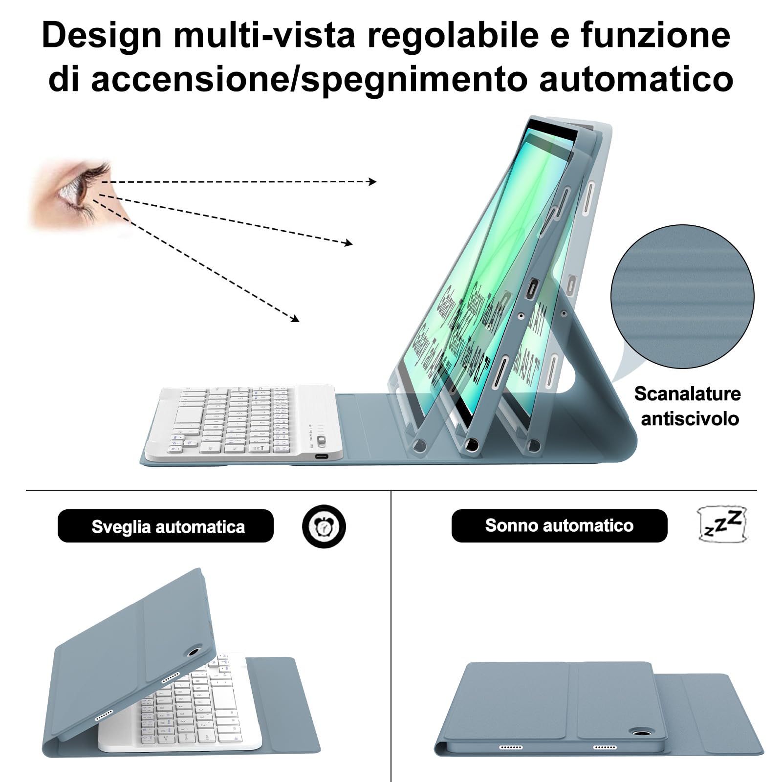 IVEOPPE Tastiera per Samsung Galaxy Tab A11 8.7/ Samsung Galaxy Tab A9 8.7, Cover Tastiera Italiano QWERTY, Senza Fili Bluetooth Staccabile Custodia Keyboard con Portapenna, Blu Grigio