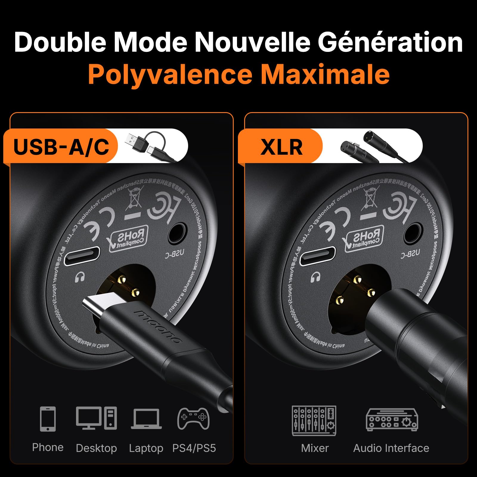 MAONO PD100 Gen2S Micro Dynamique USB/XLR, Audio 192 kHz/24 Bits, Structure Métallique, Bouton Mute, Kit Complet avec Câbles USB et XLR, pour Podcast, Streaming, Gaming et PC