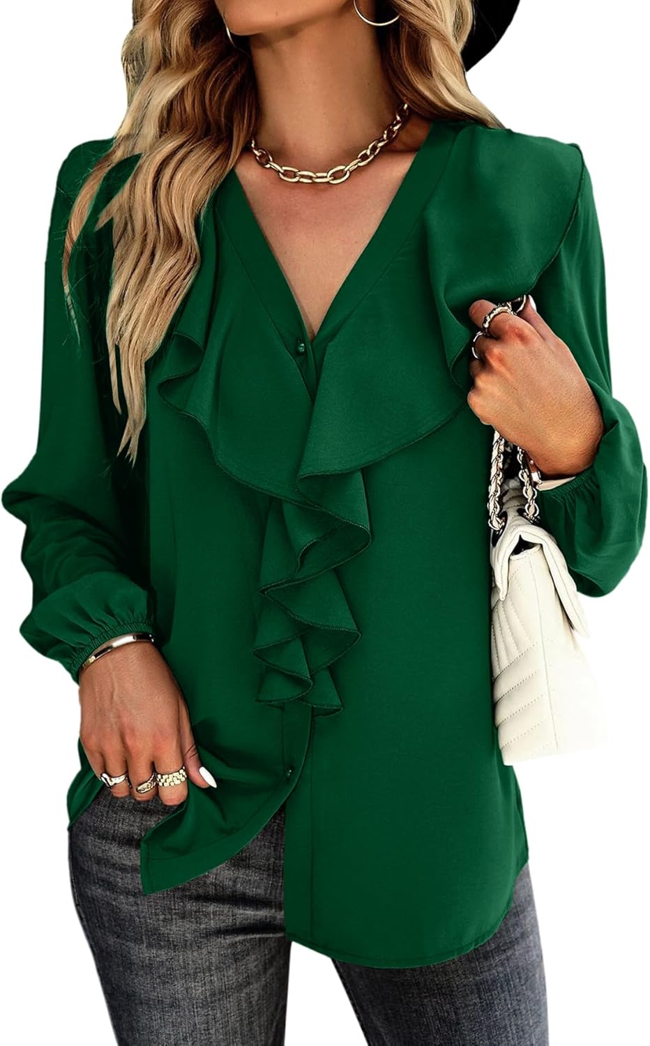 Vrtige Women’s V Neck Ruffle Front Button Down Long Sleeve Blouse Top Shirt