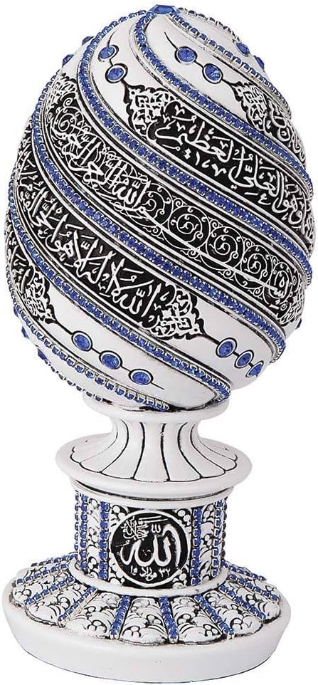 Islamic Table Decor Gift Egg Sculpture Statue Muslim Showpiece Home Decor Gifts Eid Ramadan Arabic Ayatul Kursi (7.5in White/Blue)