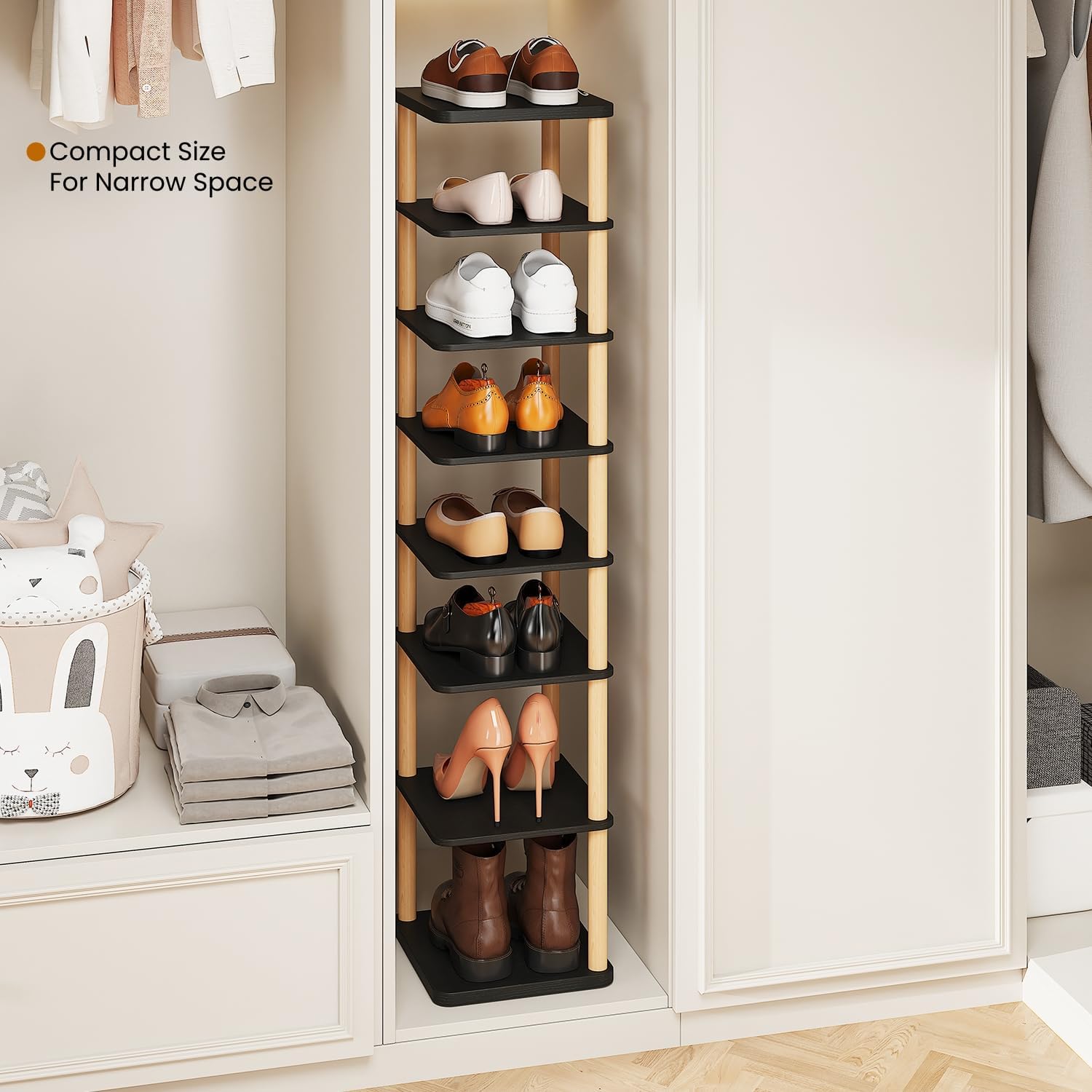 LUCKNOCK Vertical Shoe Rack, 8-Tier Tall Narrow Shoe Organizer for Entryway, Closet, Dorm & Small Spaces, Freestanding Wooden Shoe Shelf Tower for Boots, Sneakers, Heels. (Black)